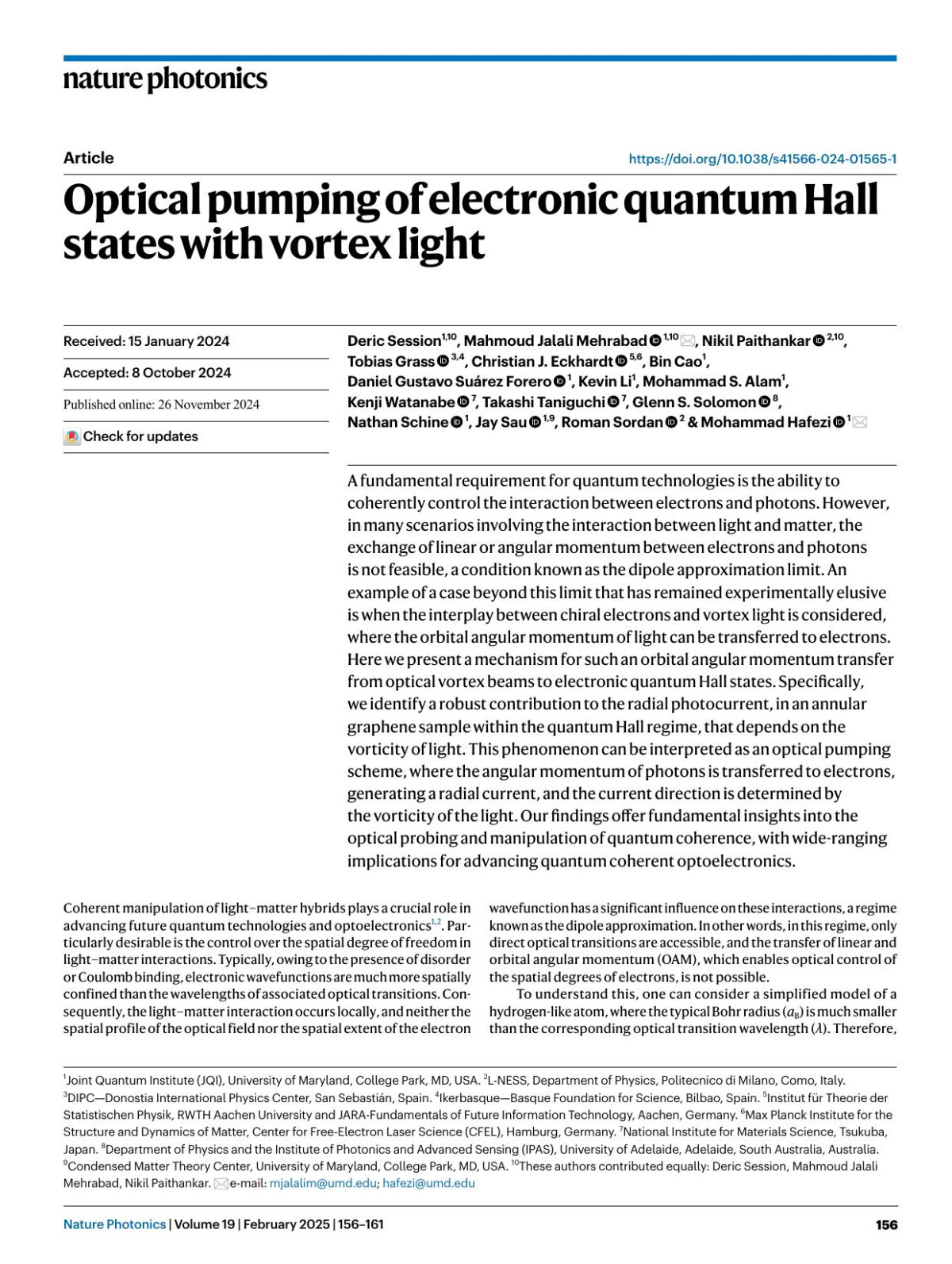 Optical Pumping Of Electronic Quantum Hall States With Vortex Light Deric Session Mahmoud Jalali Mehrabad Nikil Paithankar Tobias Grass Christian J Eckhardt Bin Cao Daniel Gustavo Suárez Forero Kevin Li Mohammad S Alam Kenji Watanabe Takashi Taniguchi Glenn S Solomon Nathan Schine Jay Sau
