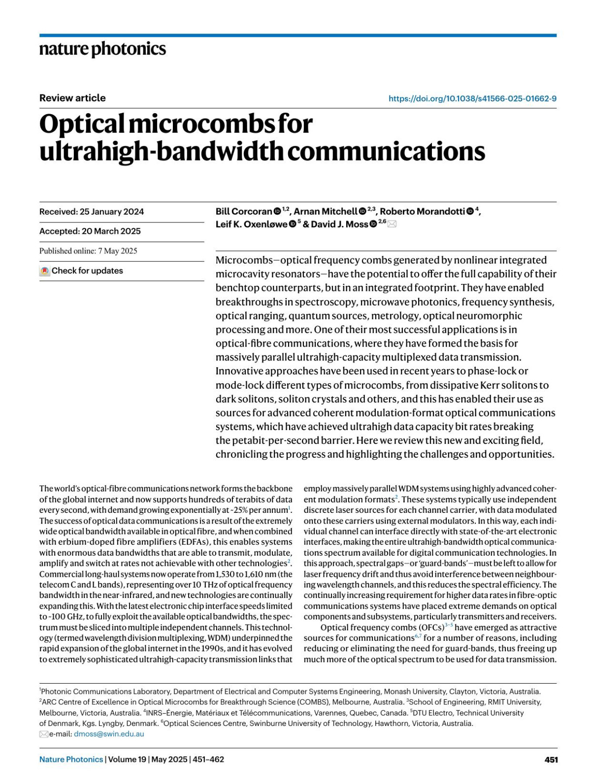 Optical Microcombs For Ultrahighbandwidth Communications Bill Corcoran Arnan Mitchell Roberto Morandotti Leif K Oxenløwe David J Moss