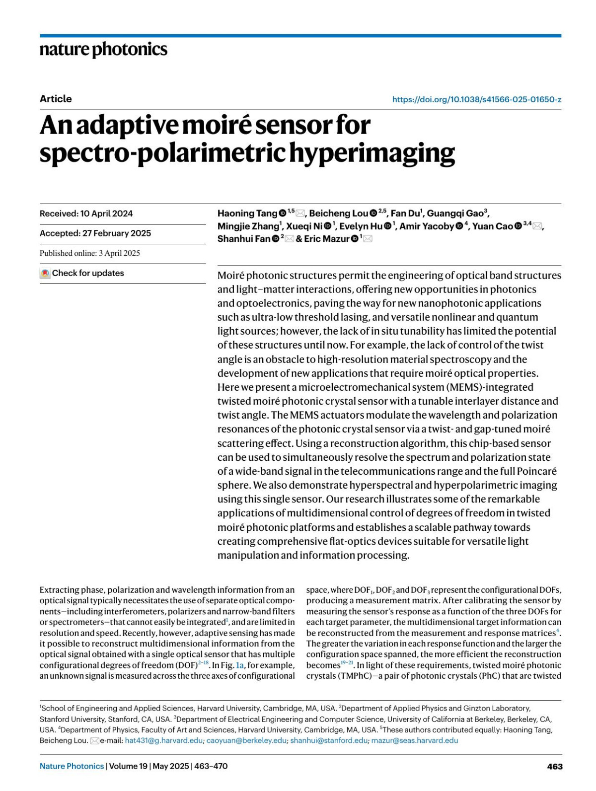 An Adaptive Moiré Sensor For Spectropolarimetric Hyperimaging Haoning Tang Beicheng Lou Fan Du Guangqi Gao Mingjie Zhang Xueqi Ni Evelyn Hu Amir Yacoby Yuan Cao Shanhui Fan Eric Mazur