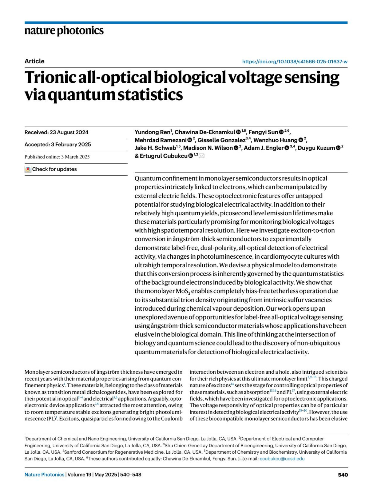 Trionic Alloptical Biological Voltage Sensing Via Quantum Statistics Yundong Ren Chawina Deeknamkul Fengyi Sun Mehrdad Ramezani Gisselle Gonzalez Wenzhuo Huang Jake H Schwab Madison N Wilson Adam J Engler Duygu Kuzum Ertugrul Cubukcu