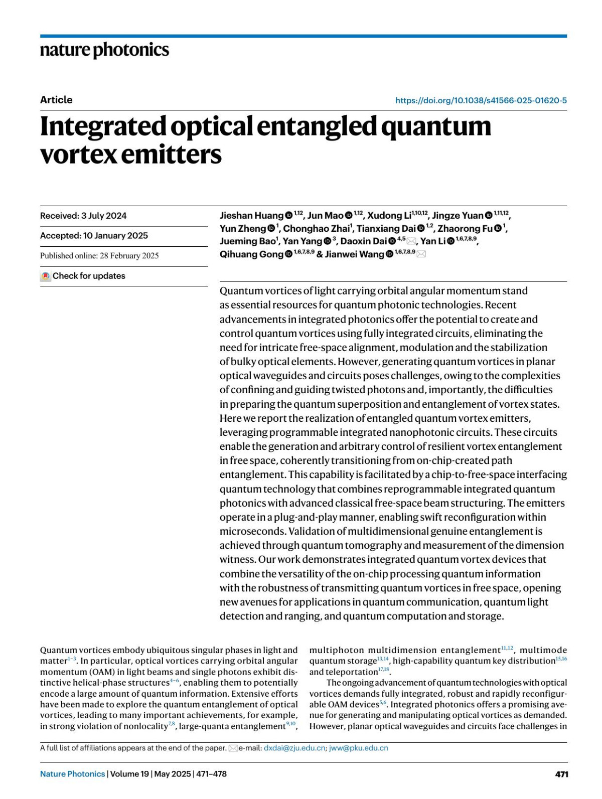 Integrated Optical Entangled Quantum Vortex Emitters Jieshan Huang Jun Mao Xudong Li Jingze Yuan Yun Zheng Chonghao Zhai Tianxiang Dai Zhaorong Fu Jueming Bao Yan Yang Daoxin Dai Yan Li Qihuang Gong Jianwei Wang