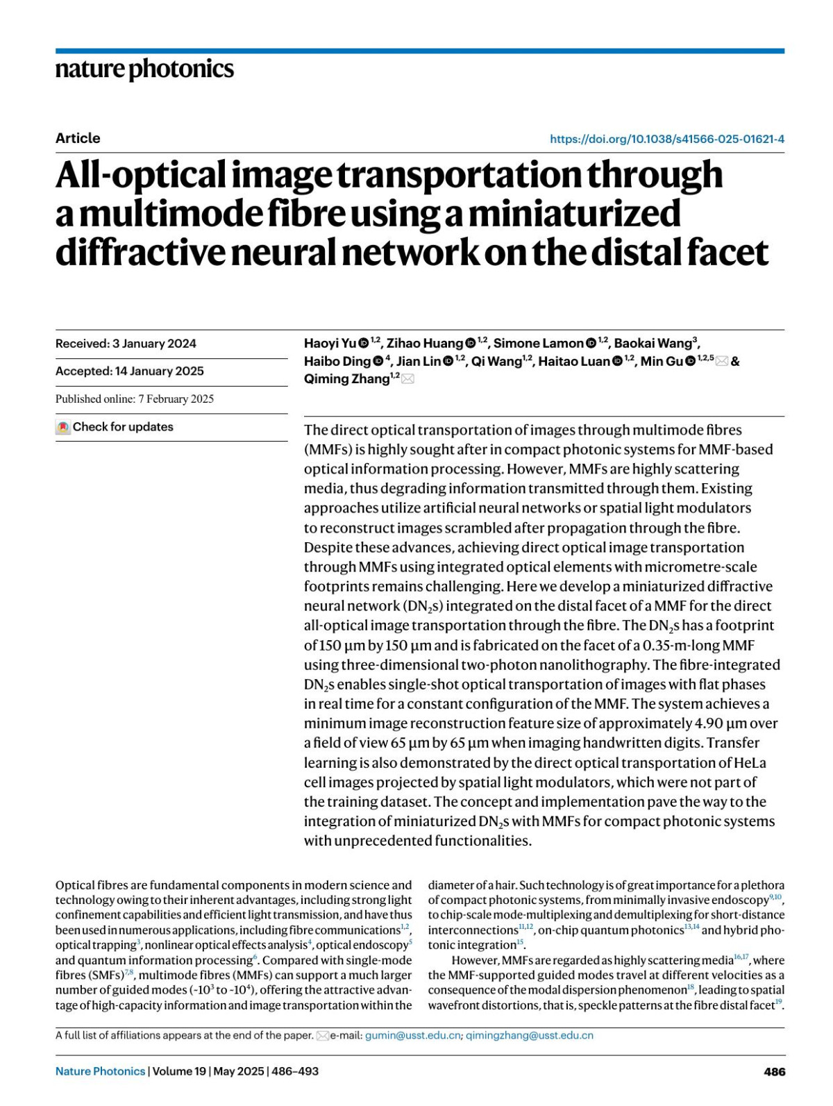 Alloptical Image Transportation Through A Multimode Fibre Using A Miniaturized Diffractive Neural Network On The Distal Facet Haoyi Yu Zihao Huang Simone Lamon Baokai Wang Haibo Ding Jian Lin Qi Wang Haitao Luan Min Gu Qiming Zhang