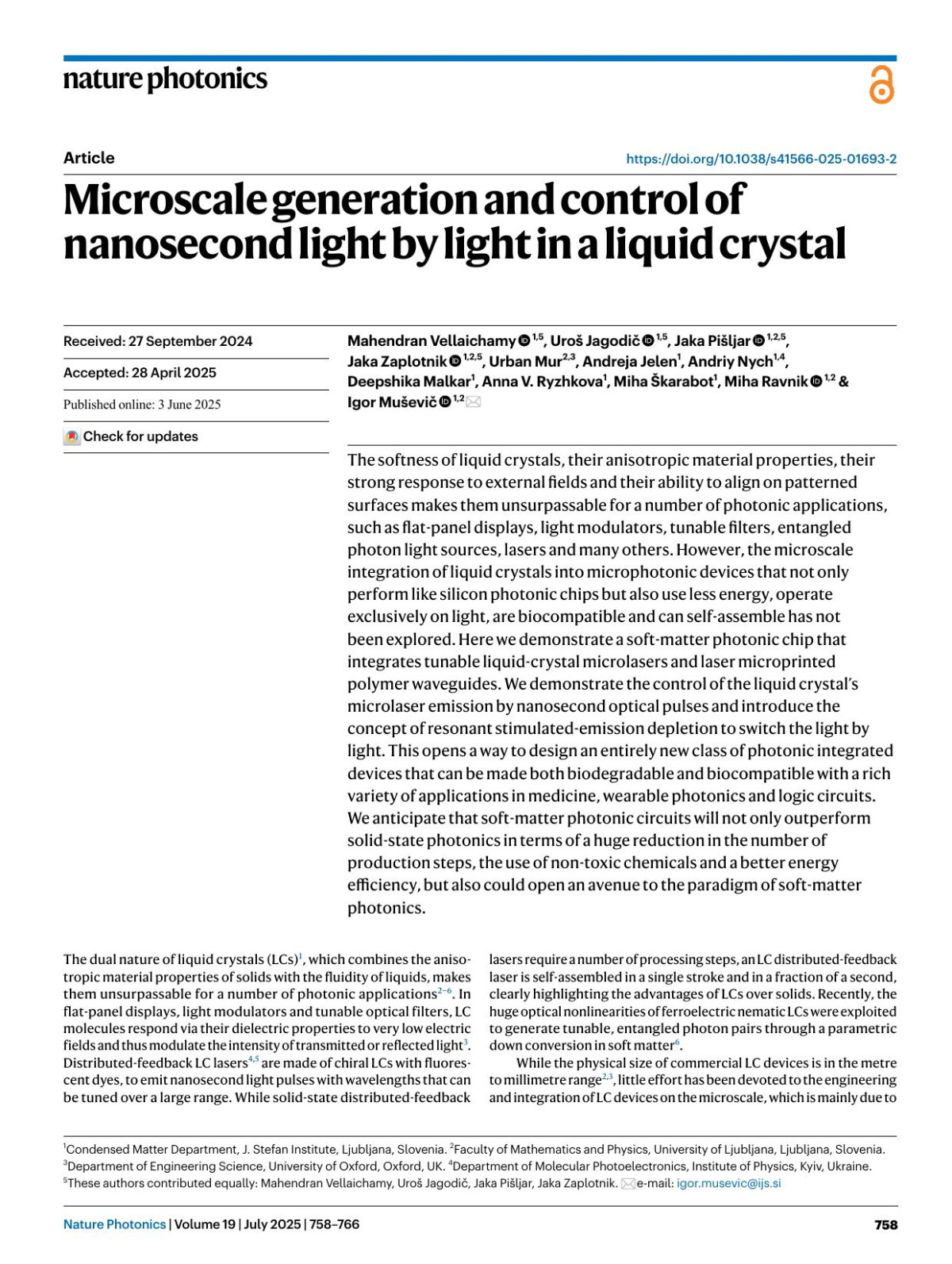 Microscale Generation And Control Of Nanosecond Light By Light In A Liquid Crystal Mahendran Vellaichamy Uroš Jagodič Jaka Pišljar Jaka Zaplotnik Urban Mur Andreja Jelen Andriy Nych Deepshika Malkar Anna V Ryzhkova Miha škarabot Miha Ravnik Igor Muševič