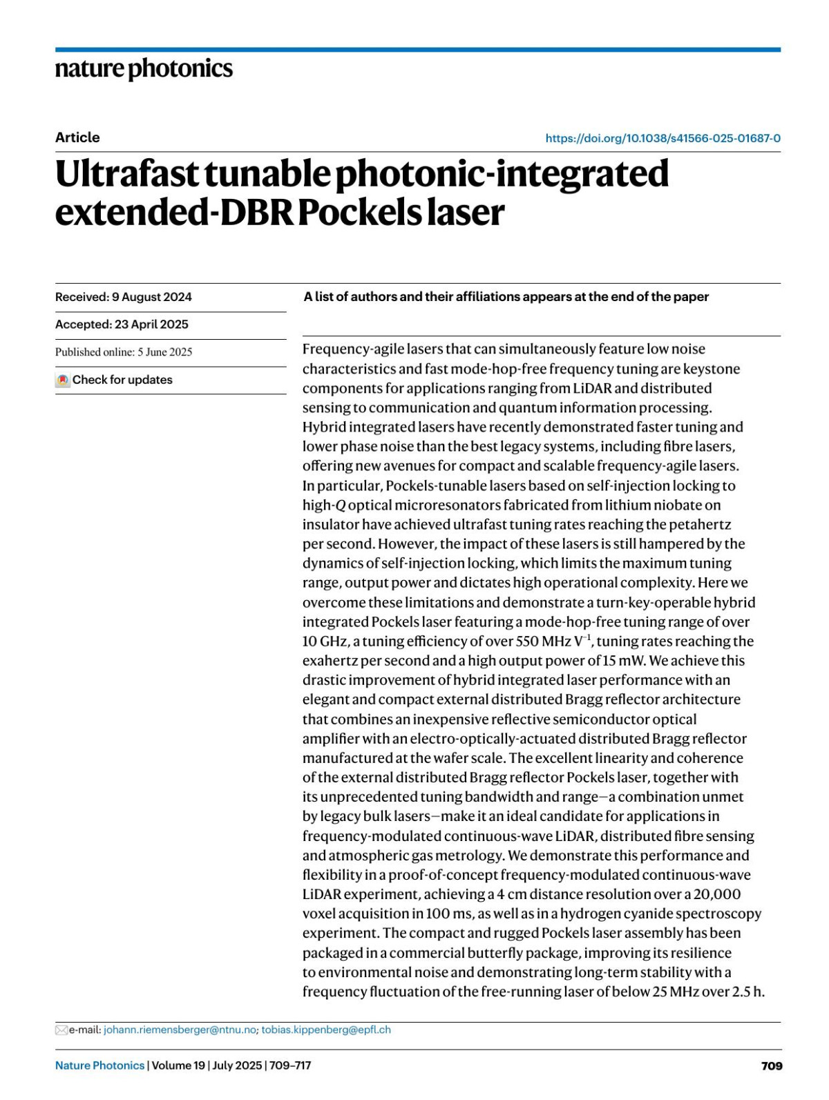 Ultrafast Tunable Photonicintegrated Extendeddbr Pockels Laser Anat Siddharth Simone Bianconi Rui Ning Wang Zheru Qiu Andrey S Voloshin Mohammad J Bereyhi Johann Riemensberger Tobias J Kippenberg