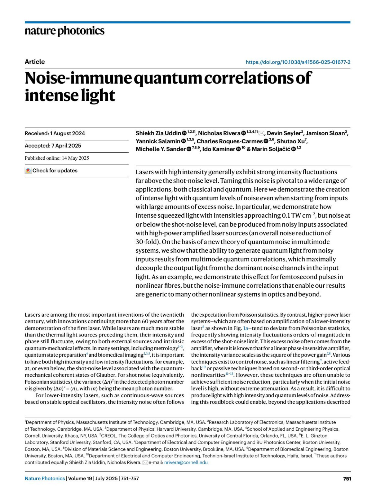 Noiseimmune Quantum Correlations Of Intense Light Shiekh Zia Uddin Nicholas Rivera Devin Seyler Jamison Sloan Yannick Salamin Charles Roquescarmes Shutao Xu Michelle Y Sander Ido Kaminer Marin Soljačić