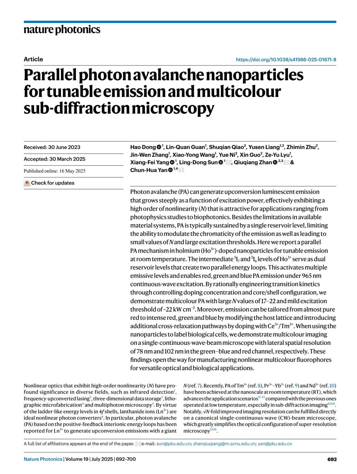 Parallel Photon Avalanche Nanoparticles For Tunable Emission And Multicolour Subdiffraction Microscopy Hao Dong Linquan Guan Shuqian Qiao Yusen Liang Zhimin Zhu Jinwen Zhang Xiaoyong Wang Yue Ni Xin Guo Zeyu Lyu Xiangfei Yang Lingdong Sun Qiuqiang Zhan Chunhua Yan