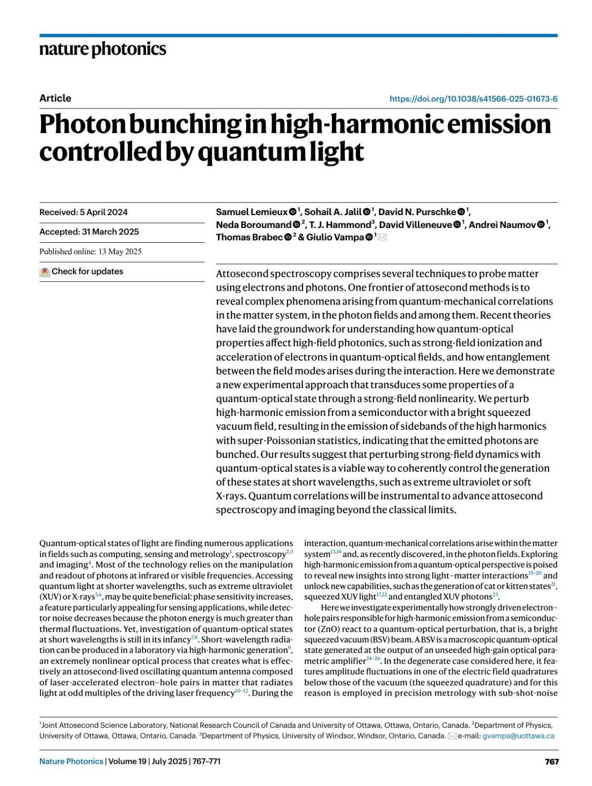 Photon Bunching In Highharmonic Emission Controlled By Quantum Light Samuel Lemieux Sohail A Jalil David N Purschke Neda Boroumand T J Hammond David Villeneuve Andrei Naumov Thomas Brabec Giulio Vampa
