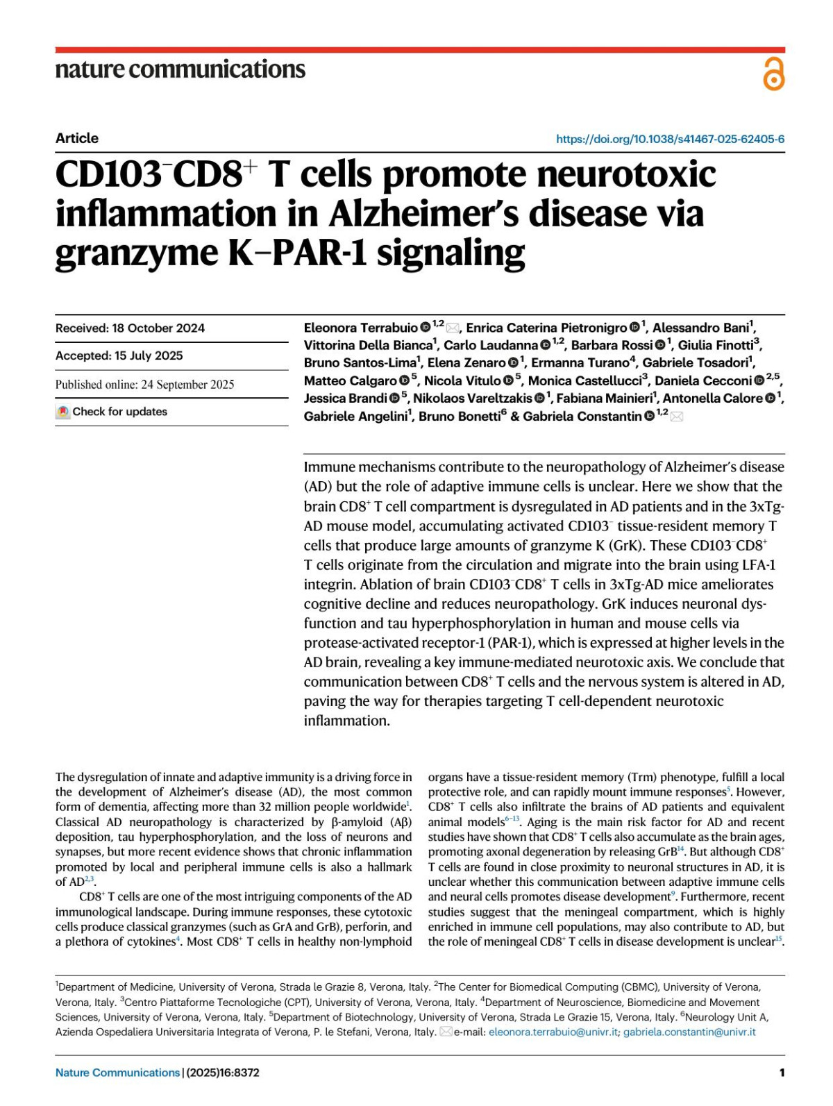 Cd103cd8 T Cells Promote Neurotoxic Inflammation In Alzheimerâtms Disease Via Granzyme Kpar1 Signaling Eleonora Terrabuio Enrica Caterina Pietronigro Alessandro Bani Vittorina Bianca Carlo Laudanna Barbara Rossi Giulia Finotti Bruno Santoslima Elena Zenaro Ermanna Turano Gabriele Tosadori Matteo Calgaro Nicola Vitulo Monica