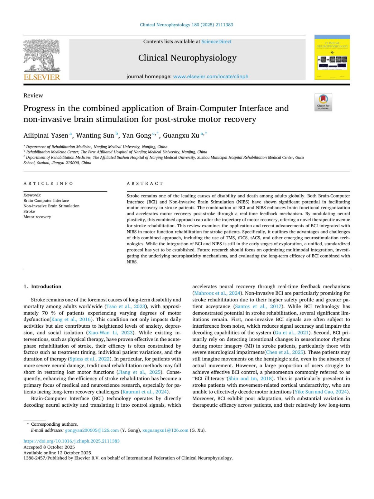 Progress In The Combined Application Of Braincomputer Interface And Noninvasive Brain Stimulation For Poststroke Motor Recovery Ailipinai Yasen