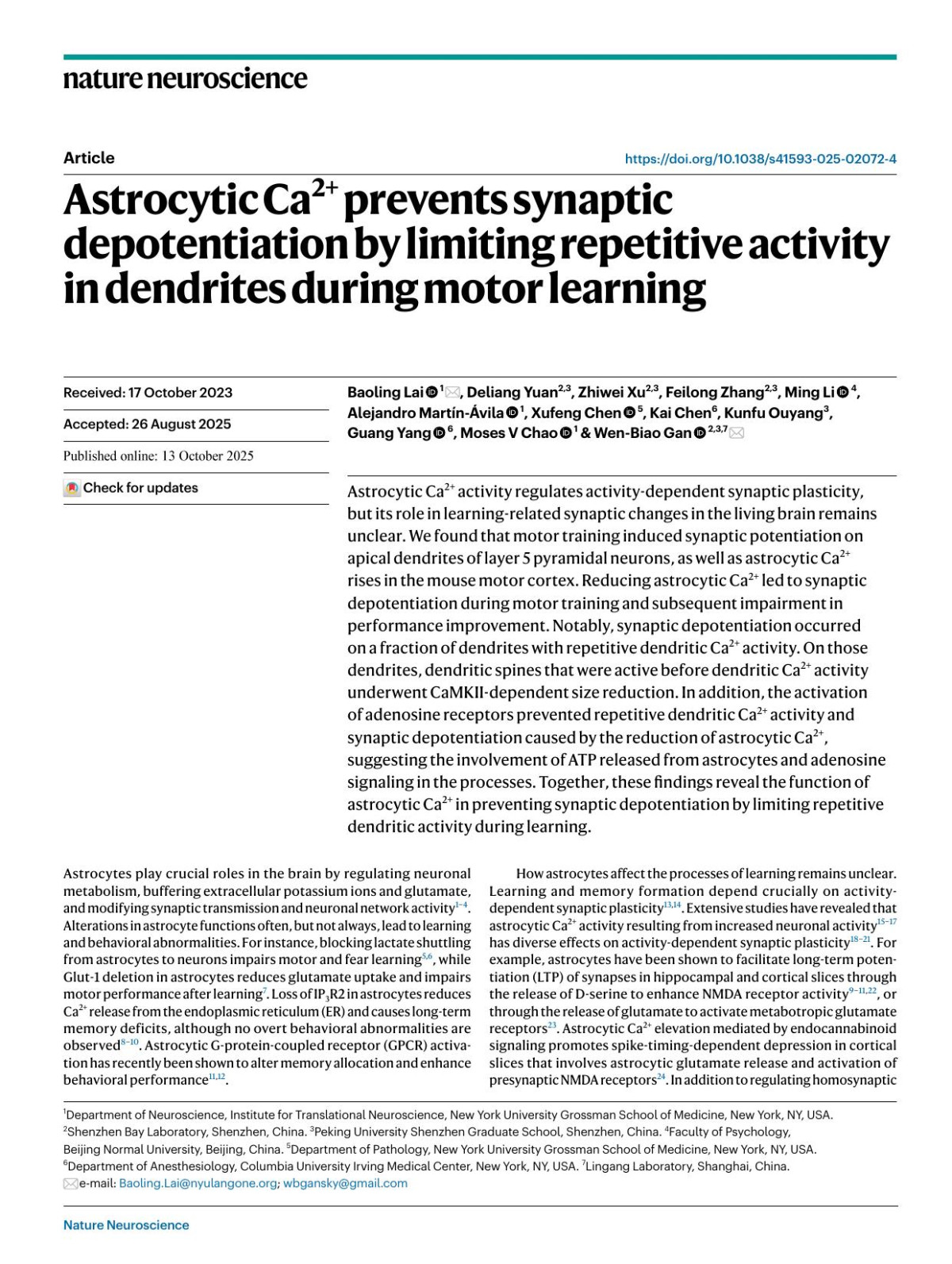 Astrocytic Ca2 Prevents Synaptic Depotentiation By Limiting Repetitive Activity In Dendrites During Motor Learning Baoling Lai Deliang Yuan Zhiwei Xu Feilong Zhang Ming Li Alejandro Martampx000ednampx000c1vila Xufeng Chen Kai Chen Kunfu Ouyang Guang Yang Moses V Chao Wenbiao Gan