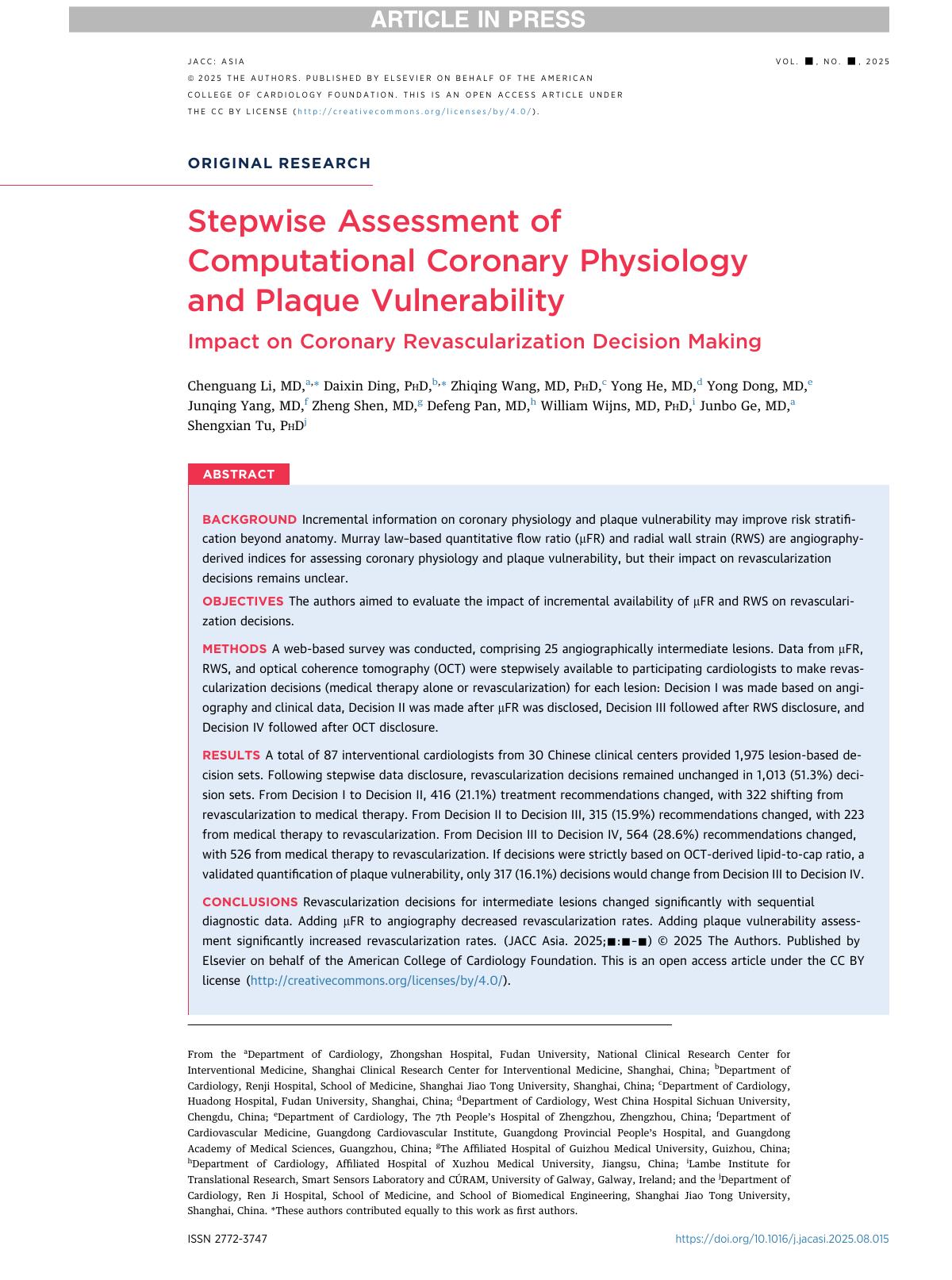 Stepwise Assessment Of Computationalnbspcoronary Physiology And Plaque Vulnerability Chenguang Li Md