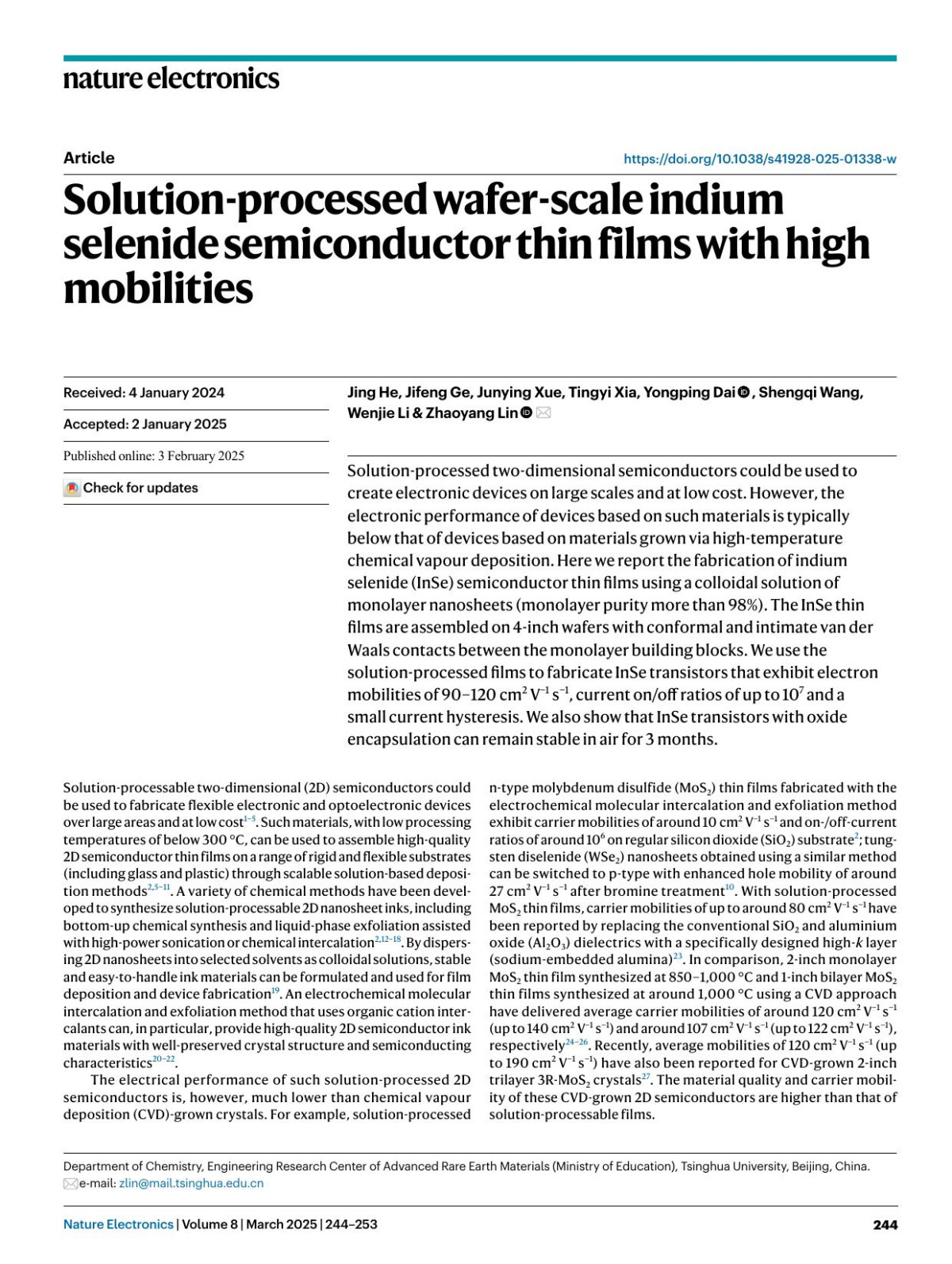 Solutionprocessed Waferscale Indium Selenide Semiconductor Thin Films With High Mobilities Jing He Jifeng Ge Junying Xue Tingyi Xia Yongping Dai Shengqi Wang Wenjie Li Zhaoyang Lin