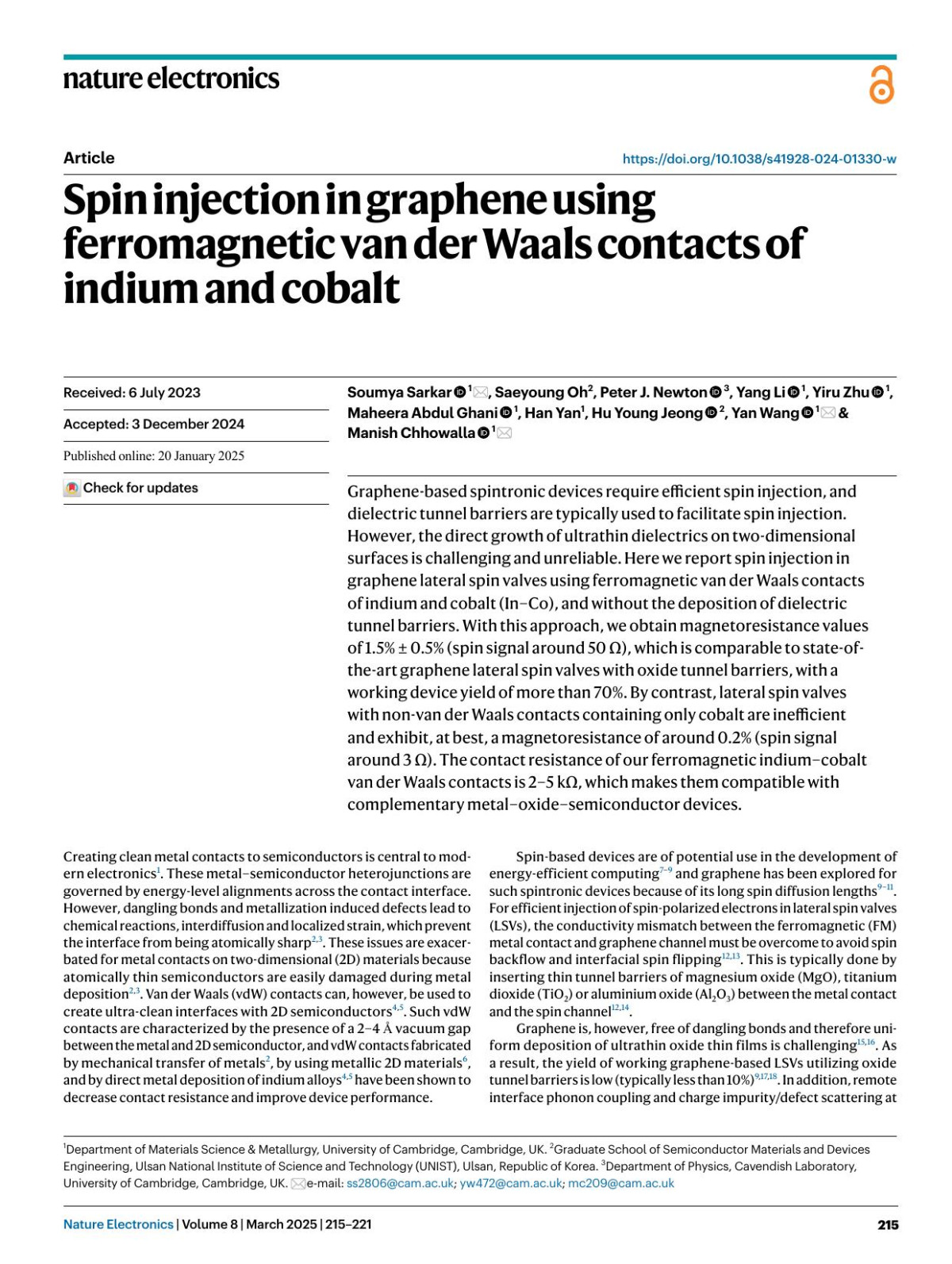 Spin Injection In Graphene Using Ferromagnetic Van Der Waals Contacts Of Indium And Cobalt Soumya Sarkar Saeyoung Oh Peter J Newton Yang Li Yiru Zhu Maheera Abdul Ghani Han Yan Hu Young Jeong Yan Wang Manish Chhowalla