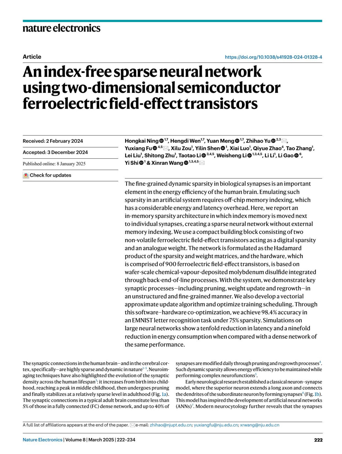 An Indexfree Sparse Neural Network Using Twodimensional Semiconductor Ferroelectric Fieldeffect Transistors Hongkai Ning Hengdi Wen Yuan Meng Zhihao Yu Yuxiang Fu Xilu Zou Yilin Shen Xiai Luo Qiyue Zhao Tao Zhang Lei Liu Shitong Zhu Taotao Li Weisheng Li Li Li Li Gao Yi Shi Xinran Wang