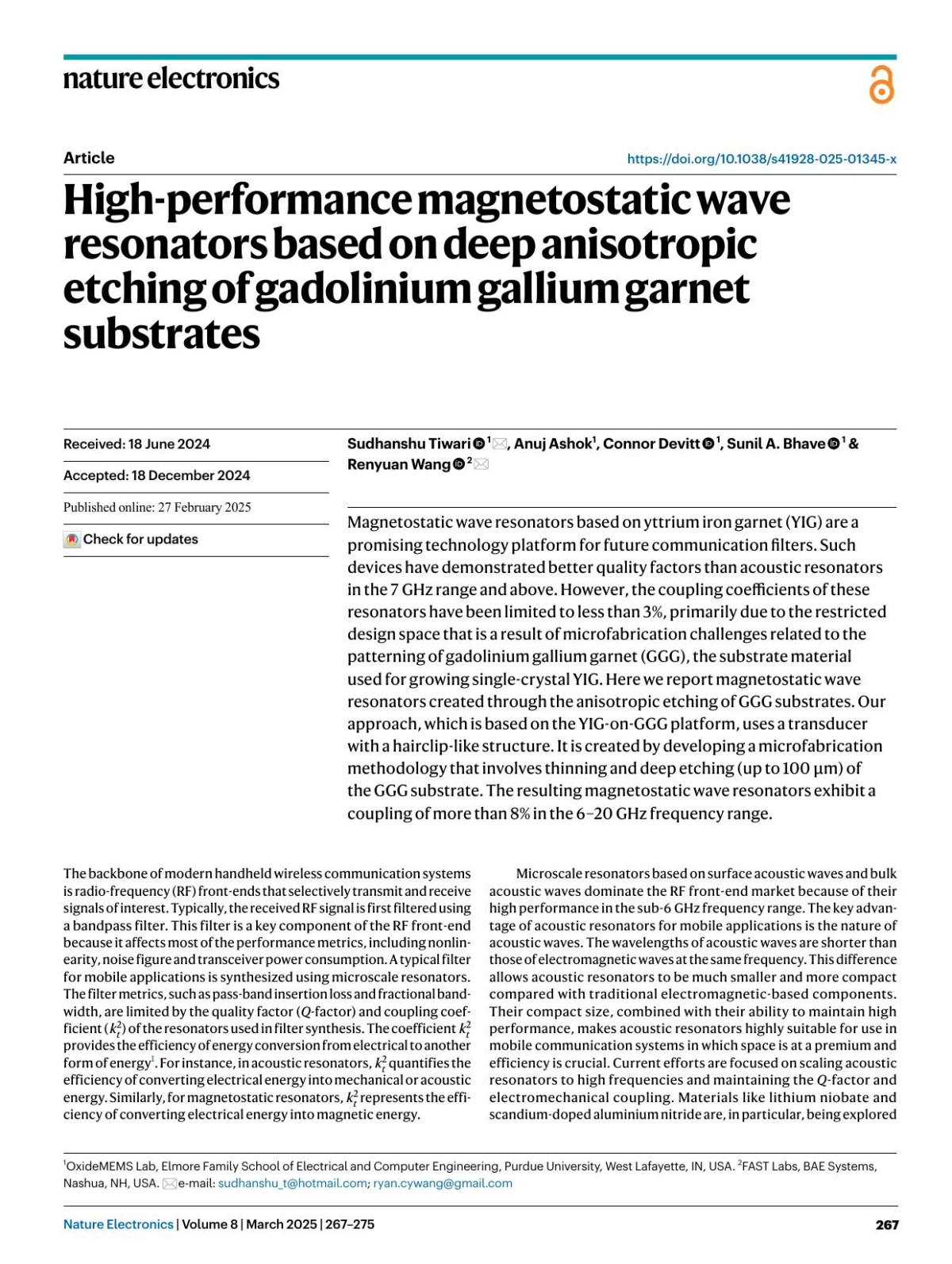 Highperformance Magnetostatic Wave Resonators Based On Deep Anisotropic Etching Of Gadolinium Gallium Garnet Substrates Sudhanshu Tiwari Anuj Ashok Connor Devitt Sunil A Bhave Renyuan Wang