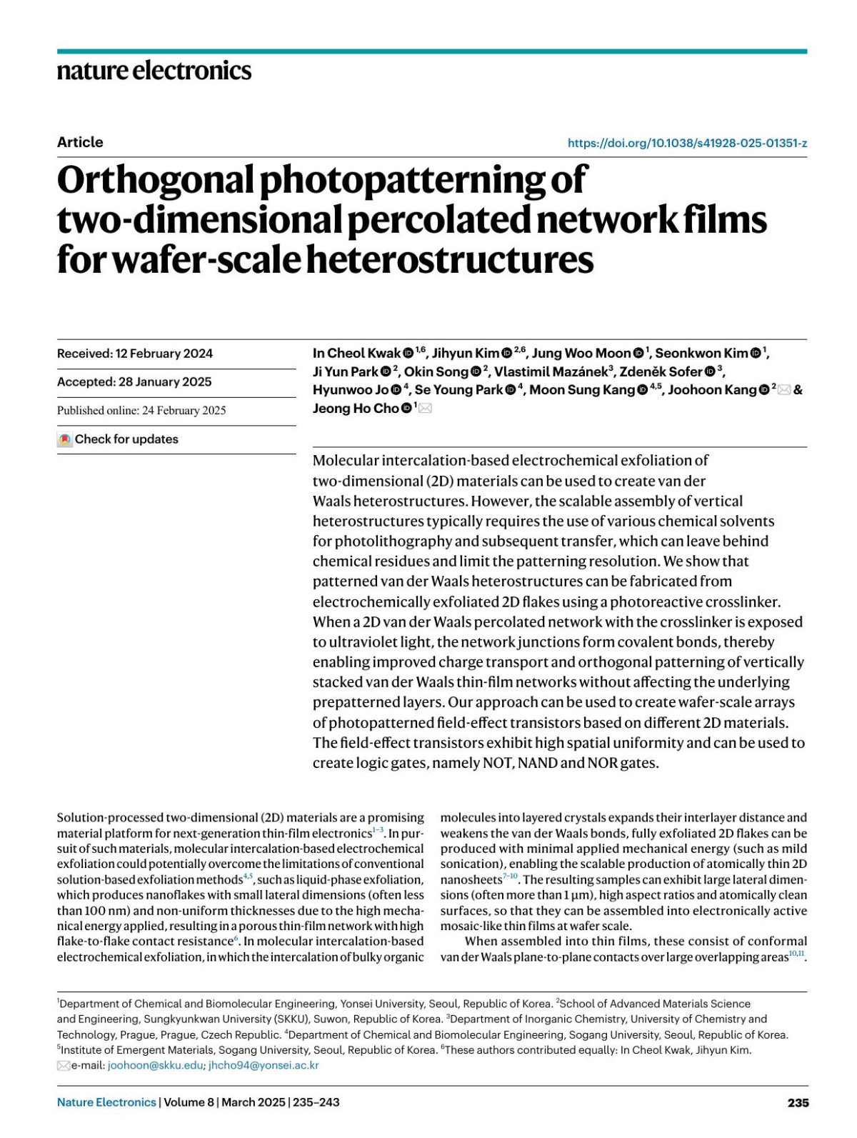 Orthogonal Photopatterning Of Twodimensional Percolated Network Films For Waferscale Heterostructures In Cheol Kwak Jihyun Kim Jung Woo Moon Seonkwon Kim Ji Yun Park Okin Song Vlastimil Mazánek Zdeněk Sofer Hyunwoo Jo Se Young Park Moon Sung Kang Joohoon Kang Jeong Ho Cho