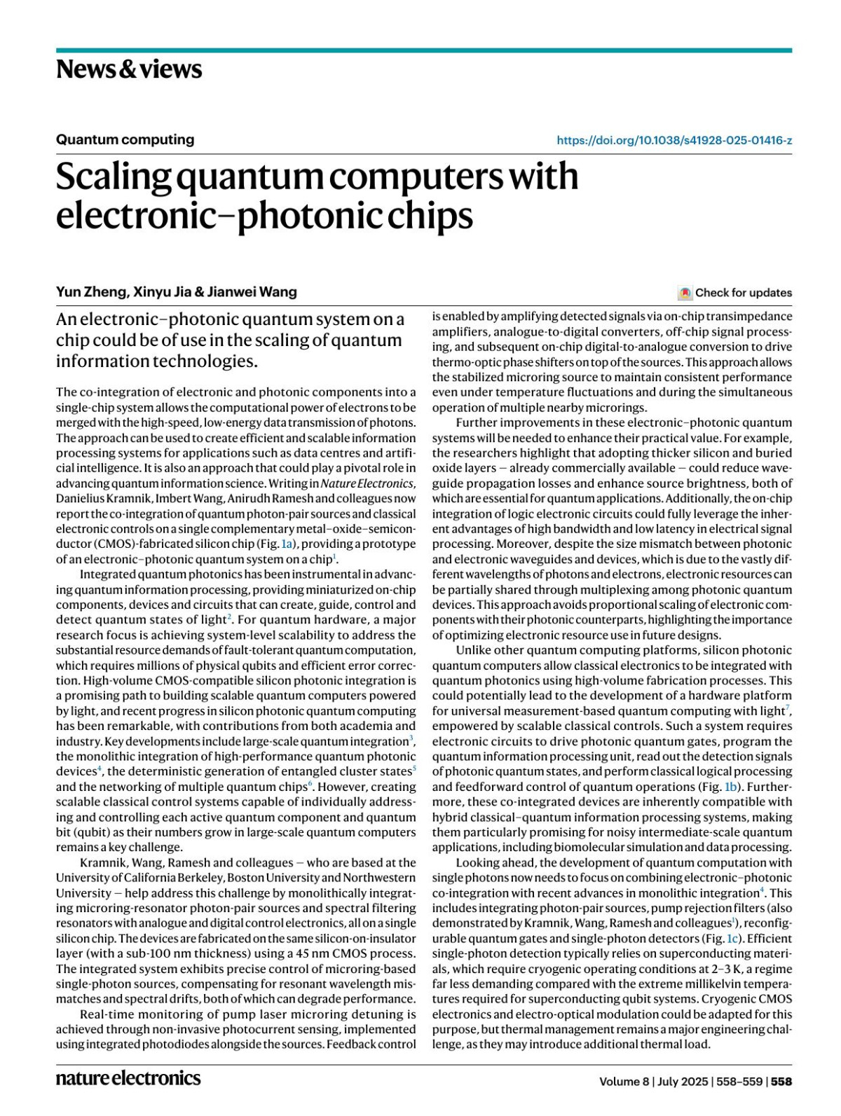 Scaling Quantum Computers With Electronicphotonic Chips Yun Zheng Xinyu Jia Jianwei Wang