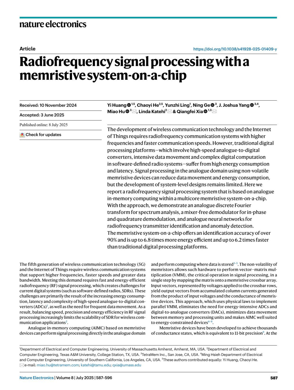 Radiofrequency Signal Processing With A Memristive Systemonachip Yi Huang Chaoyi He Yunzhi Ling Ning Ge J Joshua Yang Miao Hu Linda Katehi Qiangfei Xia