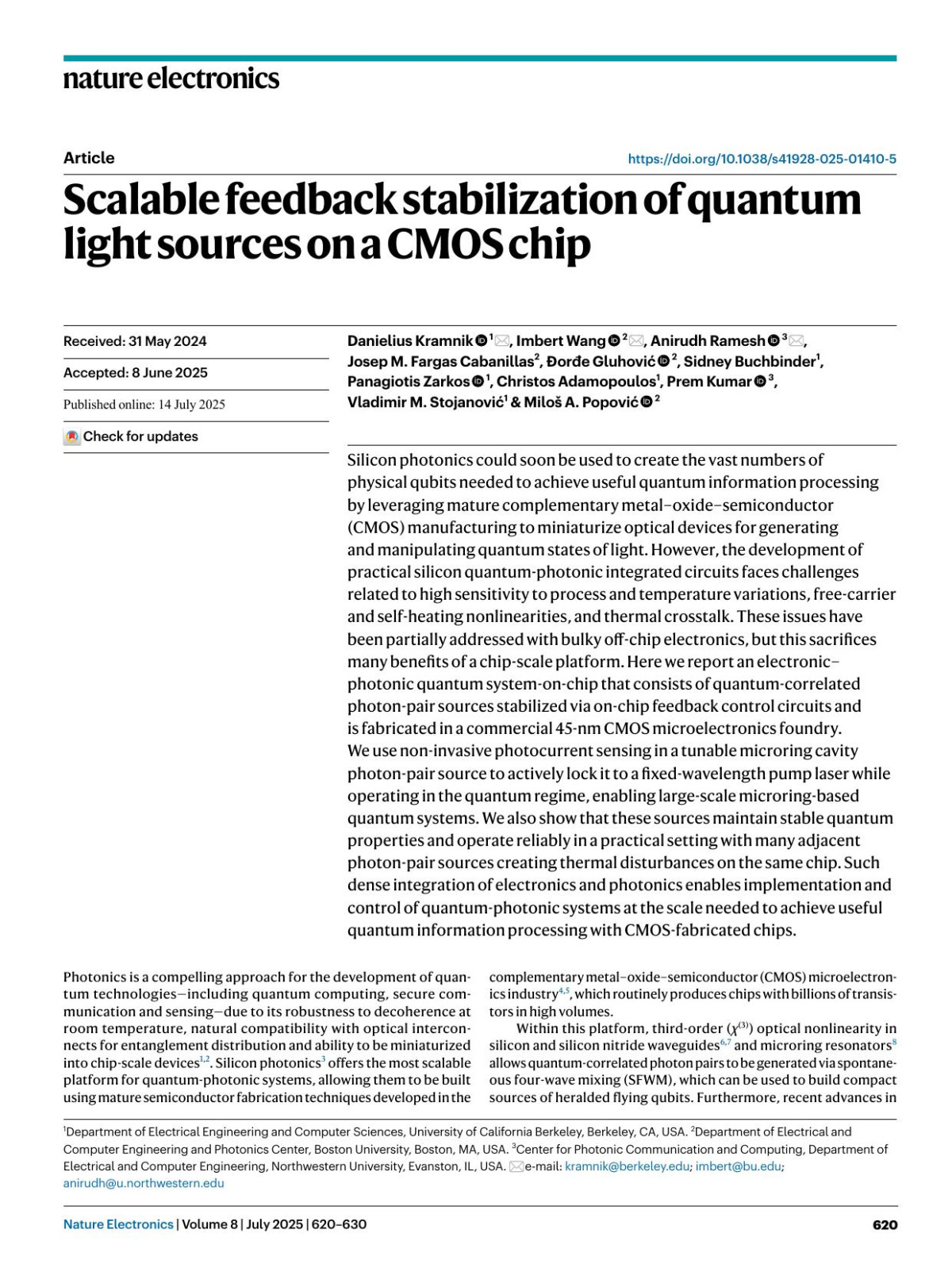 Scalable Feedback Stabilization Of Quantum Light Sources On A Cmos Chip Danielius Kramnik Imbert Wang Anirudh Ramesh Josep M Fargas Cabanillas ðorđe Gluhović Sidney Buchbinder Panagiotis Zarkos Christos Adamopoulos Prem Kumar Vladimir M Stojanović Miloš A Popović