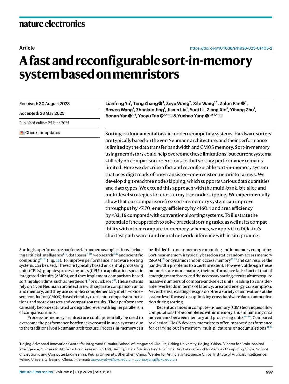 A Fast And Reconfigurable Sortinmemory System Based On Memristors Lianfeng Yu Teng Zhang Zeyu Wang Xile Wang Zelun Pan Bowen Wang Zhaokun Jing Jiaxin Liu Yuqi Li Ziang Xie Yihang Zhu Bonan Yan Yaoyu Tao Yuchao Yang
