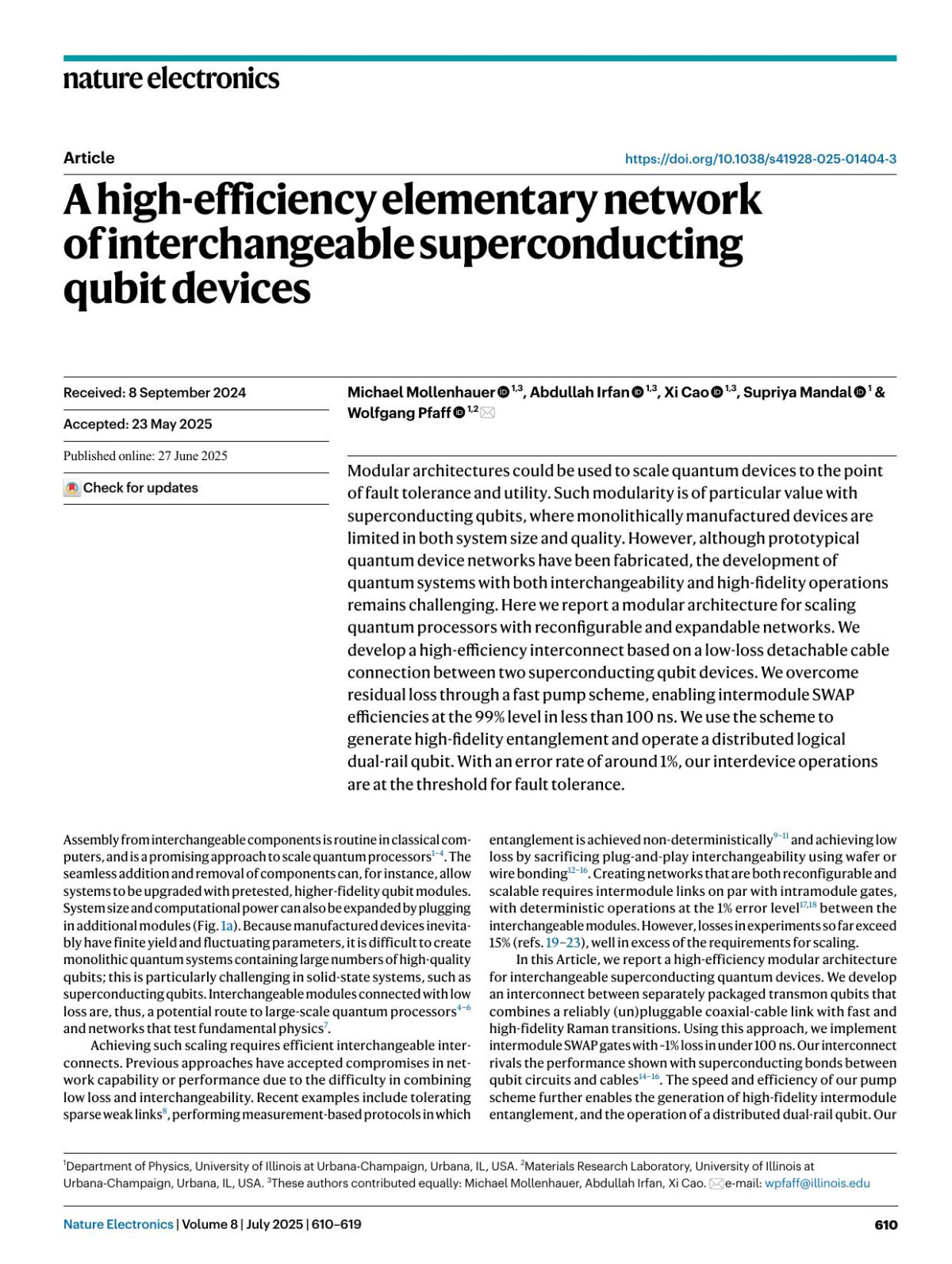 A Highefficiency Elementary Network Of Interchangeable Superconducting Qubit Devices Michael Mollenhauer Abdullah Irfan Xi Cao Supriya Mandal Wolfgang Pfaff