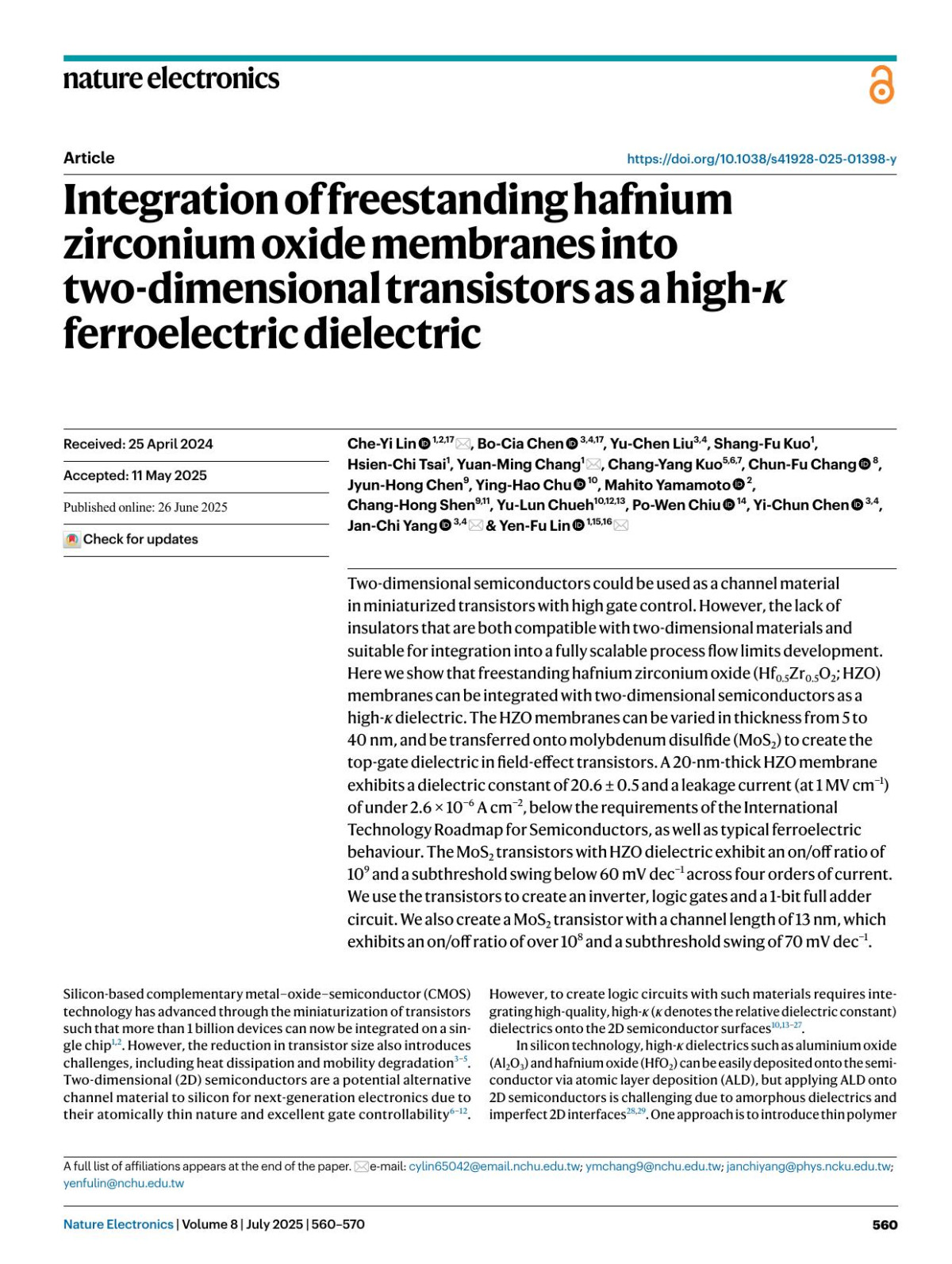 Integration Of Freestanding Hafnium Zirconium Oxide Membranes Into Twodimensional Transistors As A Highκ Ferroelectric Dielectric Cheyi Lin Bocia Chen Yuchen Liu Shangfu Kuo Hsienchi Tsai Yuanming Chang Changyang Kuo Chunfu Chang Jyunhong Chen Yinghao Chu Mahito Yamamoto Changhong Shen Yulun Chueh Powen Chiu Yichun Chen Janchi Yang