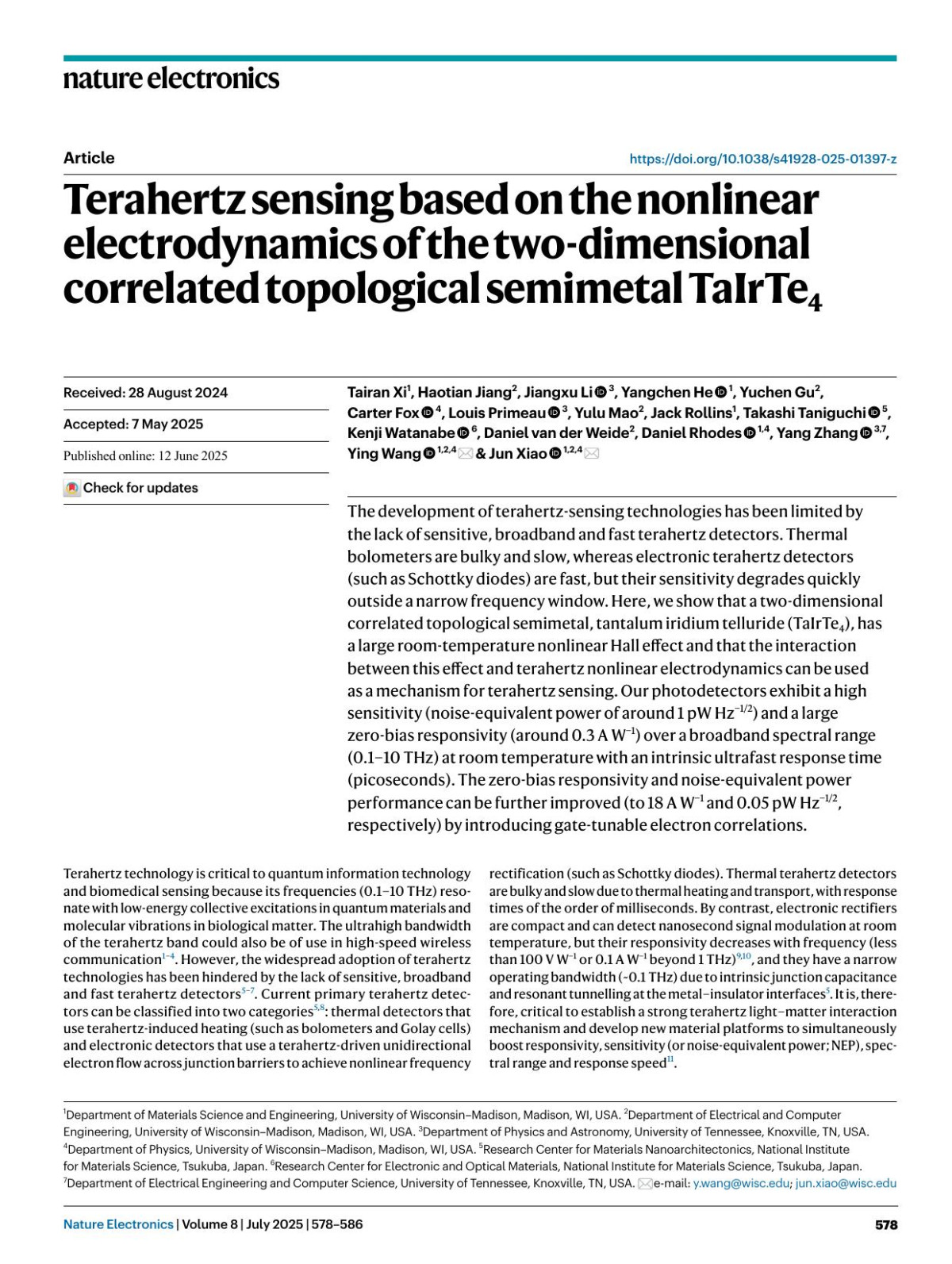Terahertz Sensing Based On The Nonlinear Electrodynamics Of The Twodimensional Correlated Topological Semimetal Tairte4 Tairan Xi Haotian Jiang Jiangxu Li Yangchen He Yuchen Gu Carter Fox Louis Primeau Yulu Mao Jack Rollins Takashi Taniguchi Kenji Watanabe Daniel Weide Daniel Rhodes Yang Zhang Ying Wang Jun Xiao
