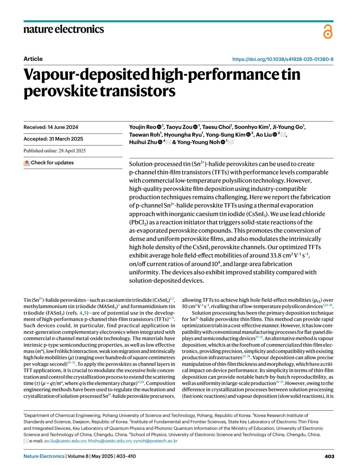 Vapourdeposited Highperformance Tin Perovskite Transistors Youjin Reo Taoyu Zou Taesu Choi Soonhyo Kim Jiyoung Go Taewan Roh Hyoungha Ryu Yongsung Kim Ao Liu Huihui Zhu Yongyoung Noh