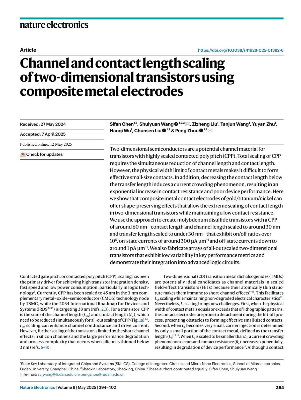 Channel And Contact Length Scaling Of Twodimensional Transistors Using Composite Metal Electrodes Sifan Chen Shuiyuan Wang Zizheng Liu Tanjun Wang Yuyan Zhu Haoqi Wu Chunsen Liu Peng Zhou