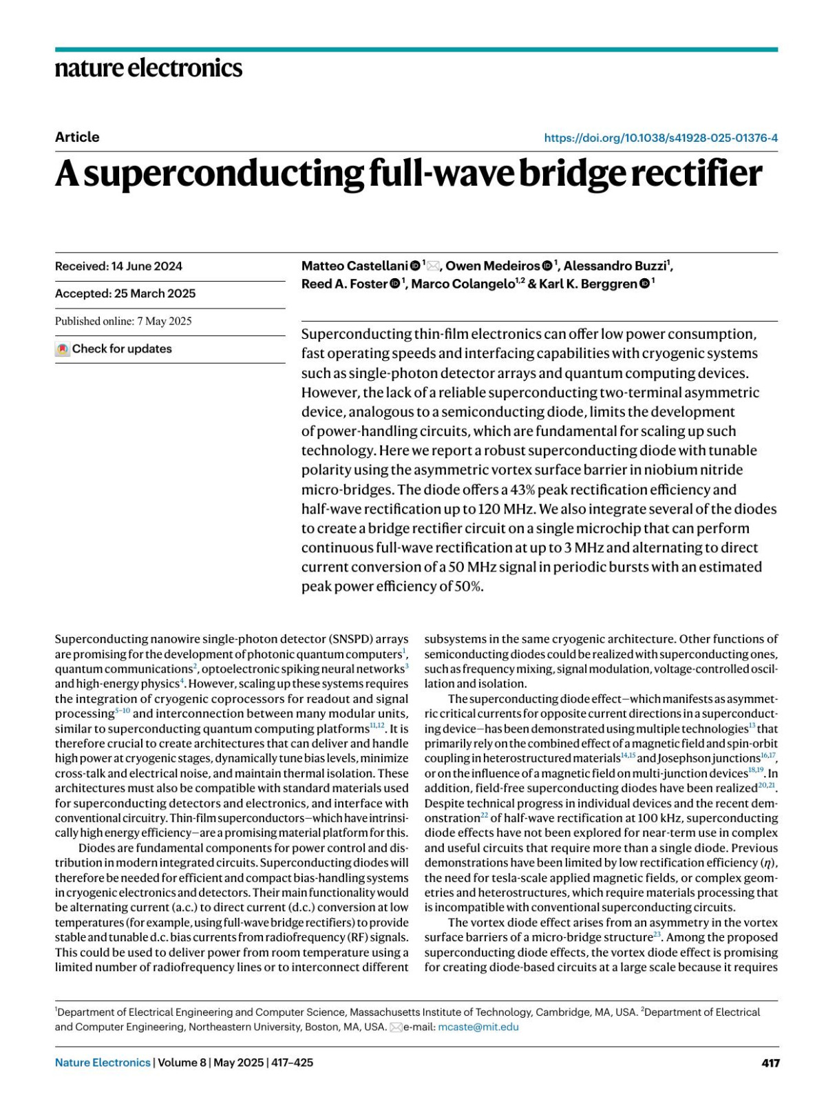 A Superconducting Fullwave Bridge Rectifier Matteo Castellani Owen Medeiros Alessandro Buzzi Reed A Foster Marco Colangelo Karl K Berggren