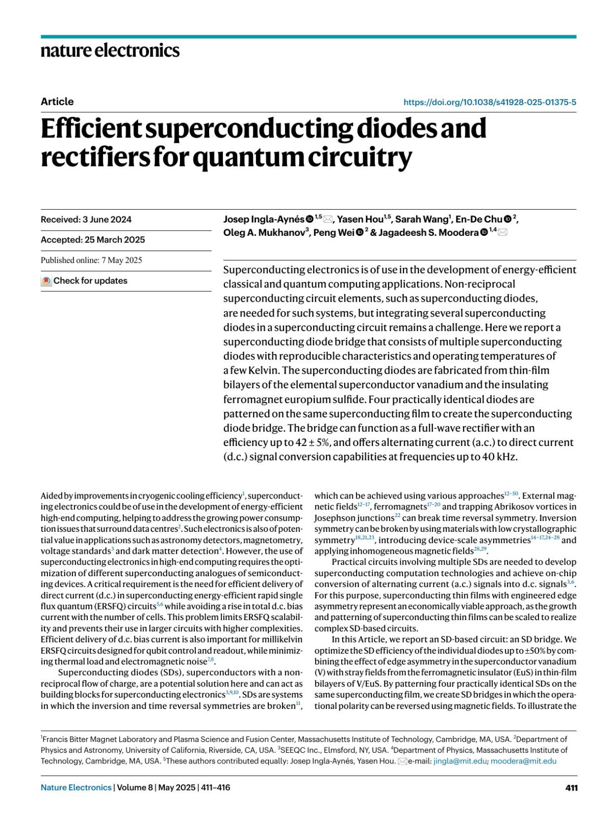 Efficient Superconducting Diodes And Rectifiers For Quantum Circuitry Josep Inglaaynés Yasen Hou Sarah Wang Ende Chu Oleg A Mukhanov Peng Wei Jagadeesh S Moodera