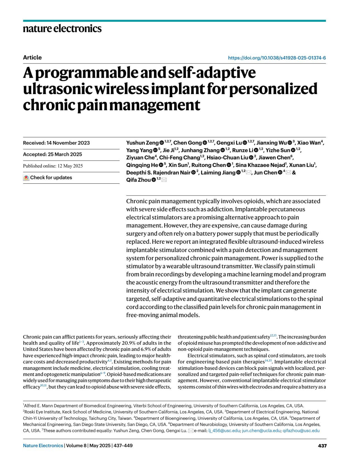 A Programmable And Selfadaptive Ultrasonic Wireless Implant For Personalized Chronic Pain Management Yushun Zeng Chen Gong Gengxi Lu Jianxing Wu Xiao Wan Yang Yang Jie Ji Junhang Zhang Runze Li Yizhe Sun Ziyuan Che Chifeng Chang Hsiaochuan Liu Jiawen Chen Qingqing He Xin Sun Ruitong Chen Sina Khazaee Nejad Xunan