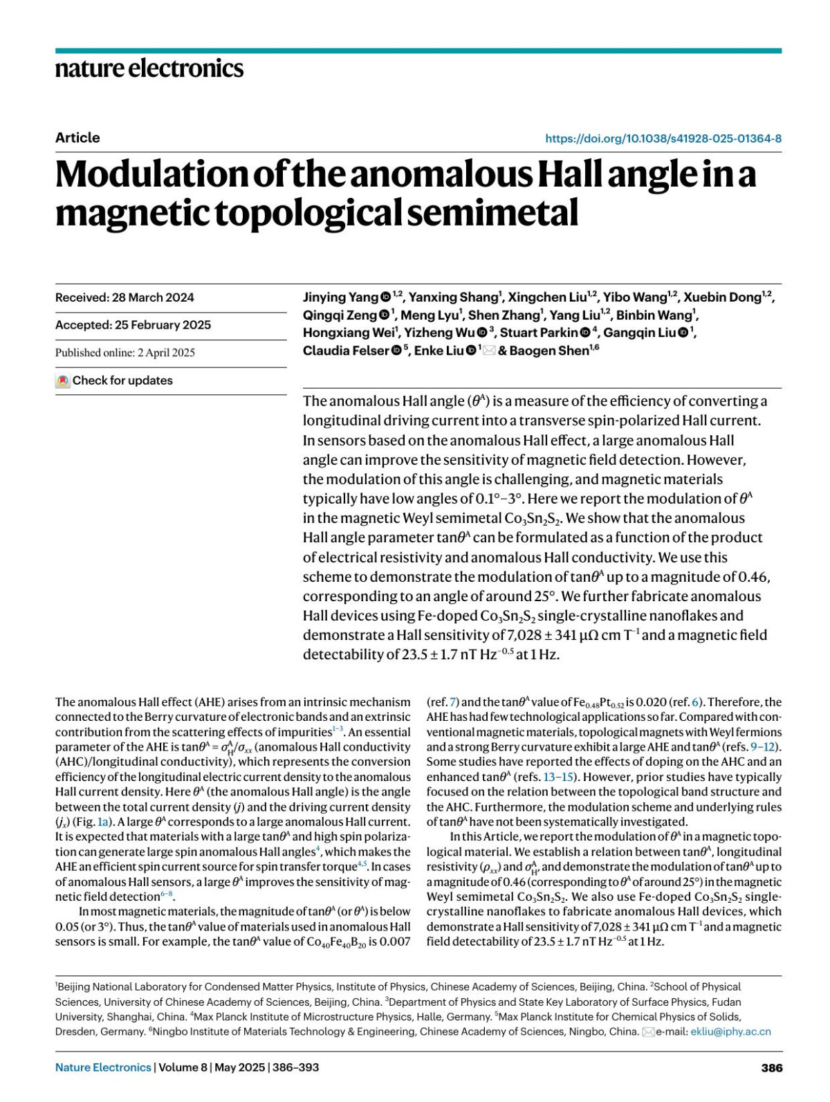 Modulation Of The Anomalous Hall Angle In A Magnetic Topological Semimetal Jinying Yang Yanxing Shang Xingchen Liu Yibo Wang Xuebin Dong Qingqi Zeng Meng Lyu Shen Zhang Yang Liu Binbin Wang Hongxiang Wei Yizheng Wu Stuart Parkin Gangqin Liu Claudia Felser Enke Liu Baogen Shen