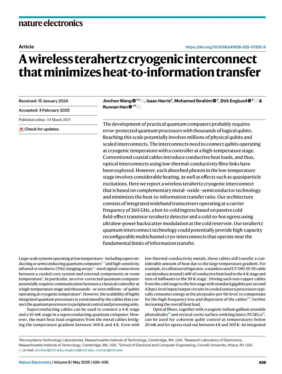 A Wireless Terahertz Cryogenic Interconnect That Minimizes Heattoinformation Transfer Jinchen Wang Isaac Harris Mohamed Ibrahim Dirk Englund Ruonan Han