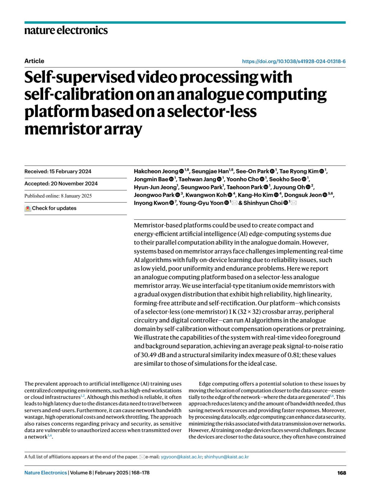 Selfsupervised Video Processing With Selfcalibration On An Analogue Computing Platform Based On A Selectorless Memristor Array Hakcheon Jeong Seungjae Han Seeon Park Tae Ryong Kim Jongmin Bae Taehwan Jang Yoonho Cho Seokho Seo Hyunjun Jeong Seungwoo Park Taehoon Park Juyoung Oh Jeongwoo Park Kwangwon Koh Kangho Kim Dongsuk Jeon Inyong Kwon