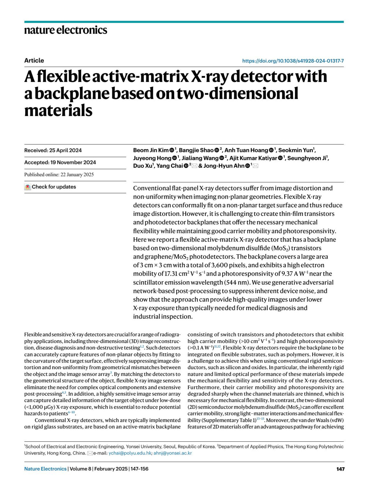 A Flexible Activematrix Xray Detector With A Backplane Based On Twodimensional Materials Beom Jin Kim Bangjie Shao Anh Tuan Hoang Seokmin Yun Juyeong Hong Jialiang Wang Ajit Kumar Katiyar Seunghyeon Ji Duo Xu Yang Chai Jonghyun Ahn