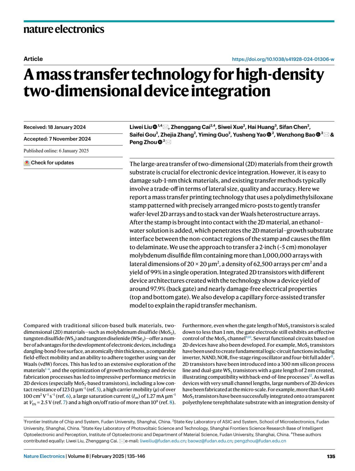 A Mass Transfer Technology For Highdensity Twodimensional Device Integration Liwei Liu Zhenggang Cai Siwei Xue Hai Huang Sifan Chen Saifei Gou Zhejia Zhang Yiming Guo Yusheng Yao Wenzhong Bao Peng Zhou