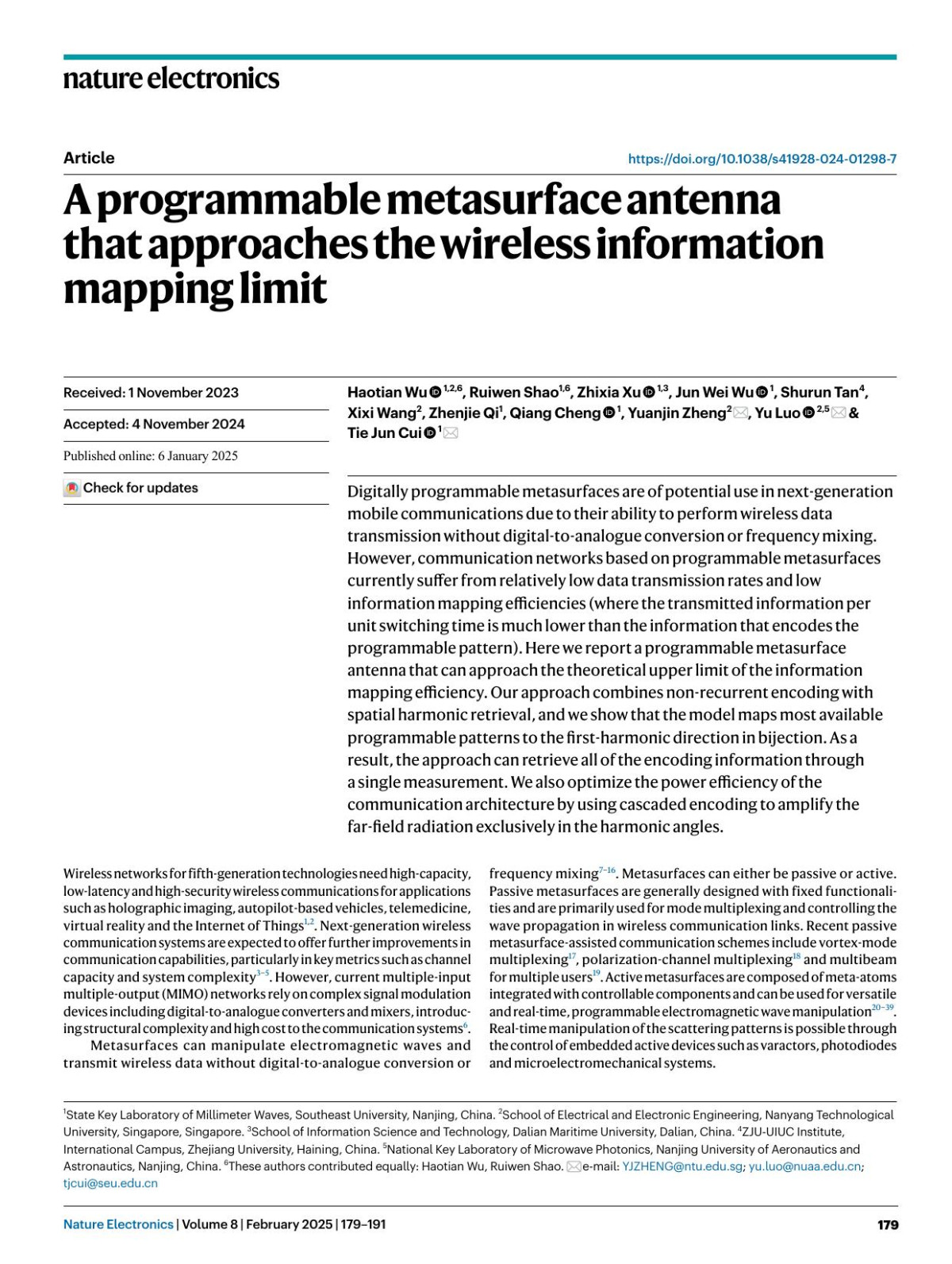 A Programmable Metasurface Antenna That Approaches The Wireless Information Mapping Limit Haotian Wu Ruiwen Shao Zhixia Xu Jun Wei Wu Shurun Tan Xixi Wang Zhenjie Qi Qiang Cheng Yuanjin Zheng Yu Luo Tie Jun Cui