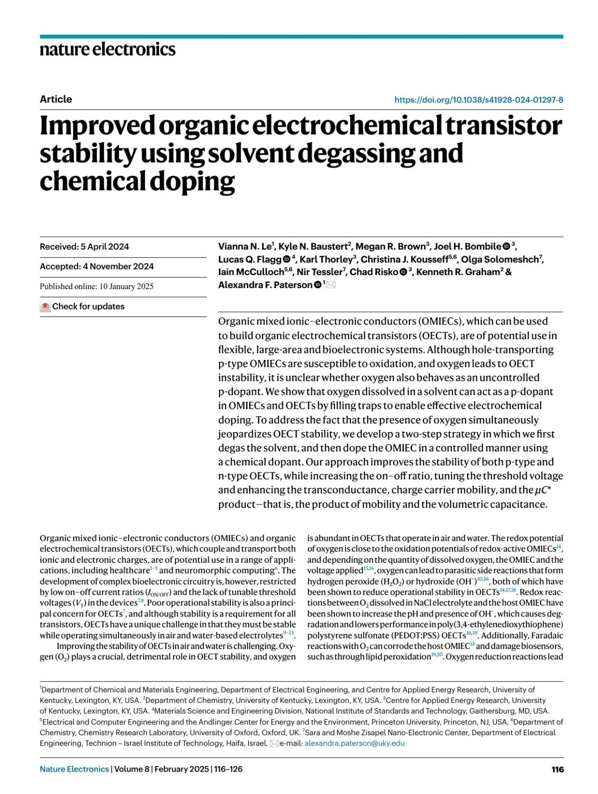 Improved Organic Electrochemical Transistor Stability Using Solvent Degassing And Chemical Doping Vianna N Le Kyle N Baustert Megan R Brown Joel H Bombile Lucas Q Flagg Karl Thorley Christina J Kousseff Olga Solomeshch Iain Mcculloch Nir Tessler Chad Risko Kenneth R Graham Alexandra F Paterson