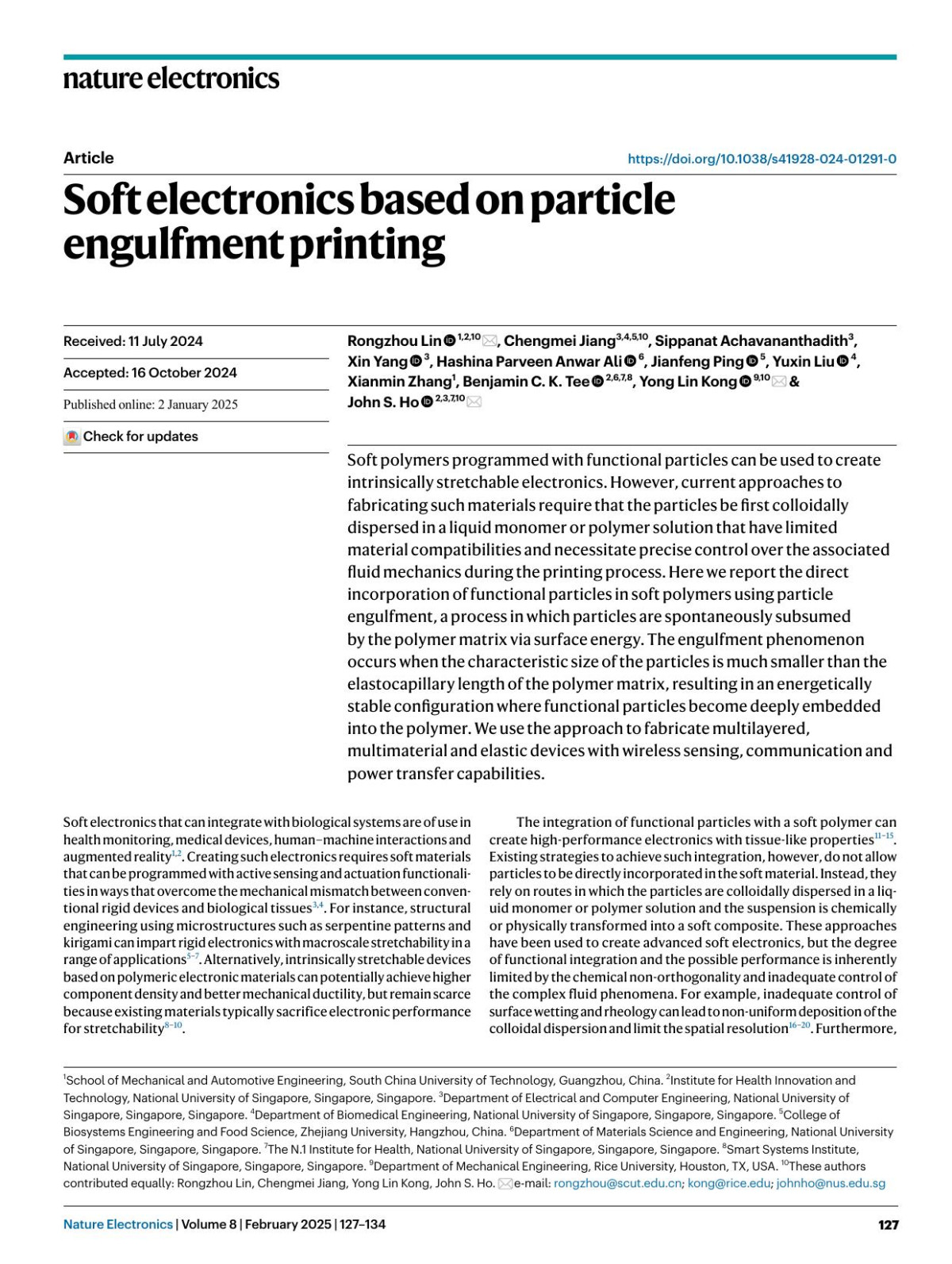 Soft Electronics Based On Particle Engulfment Printing Rongzhou Lin Chengmei Jiang Sippanat Achavananthadith Xin Yang Hashina Parveen Anwar Ali Jianfeng Ping Yuxin Liu Xianmin Zhang Benjamin C K Tee Yong Lin Kong John S Ho