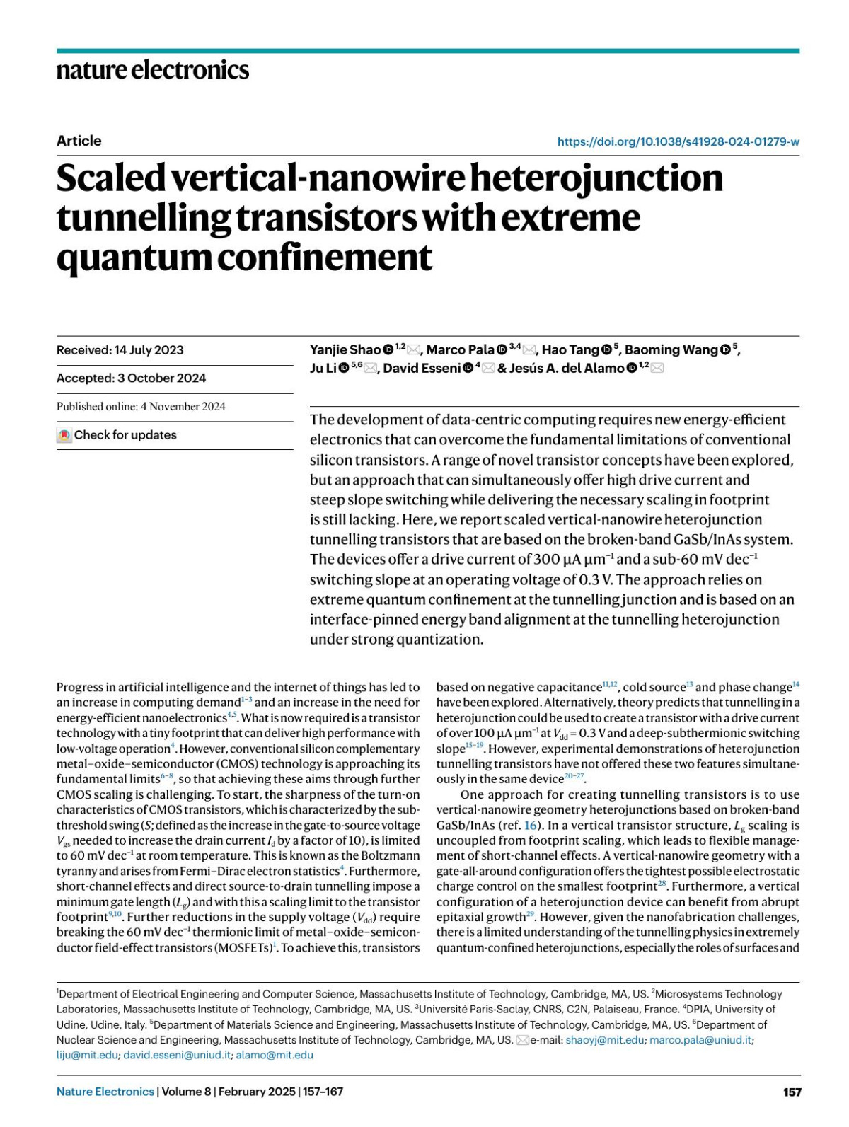 Scaled Verticalnanowire Heterojunction Tunnelling Transistors With Extreme Quantum Confinement Yanjie Shao Marco Pala Hao Tang Baoming Wang Ju Li David Esseni Jesús A Alamo