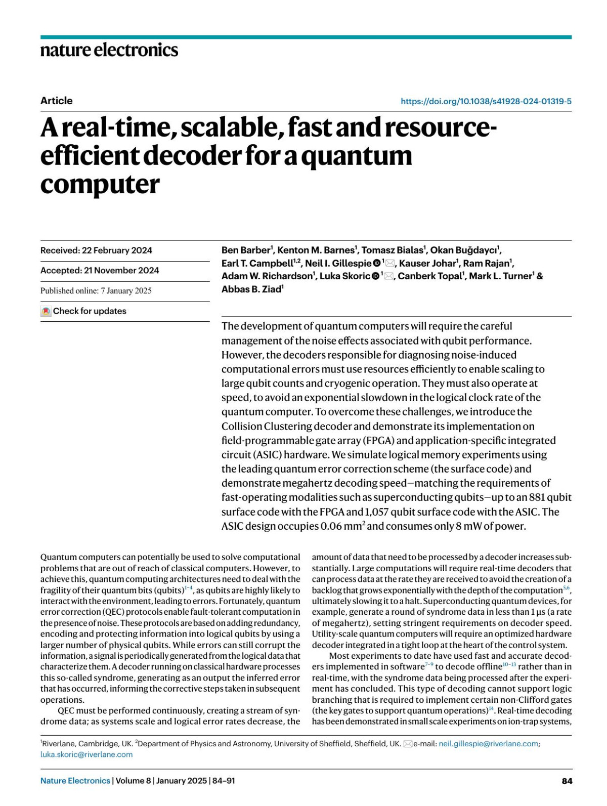 A Realtime Scalable Fast And Resourceefficient Decoder For A Quantum Computer Ben Barber Kenton M Barnes Tomasz Bialas Okan Buğdaycı Earl T Campbell Neil I Gillespie Kauser Johar Ram Rajan Adam W Richardson Luka Skoric Canberk Topal Mark L Turner Abbas B Ziad
