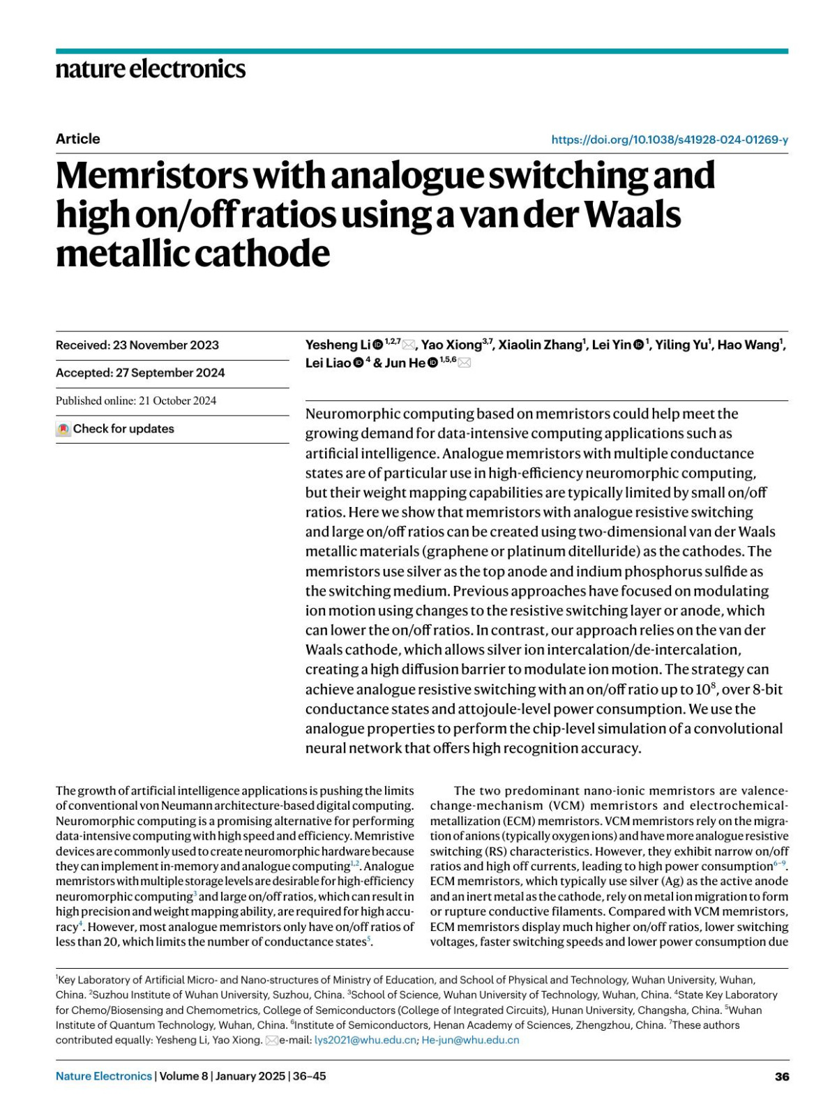 Memristors With Analogue Switching And High Onoff Ratios Using A Van Der Waals Metallic Cathode Yesheng Li Yao Xiong Xiaolin Zhang Lei Yin Yiling Yu Hao Wang Lei Liao Jun He