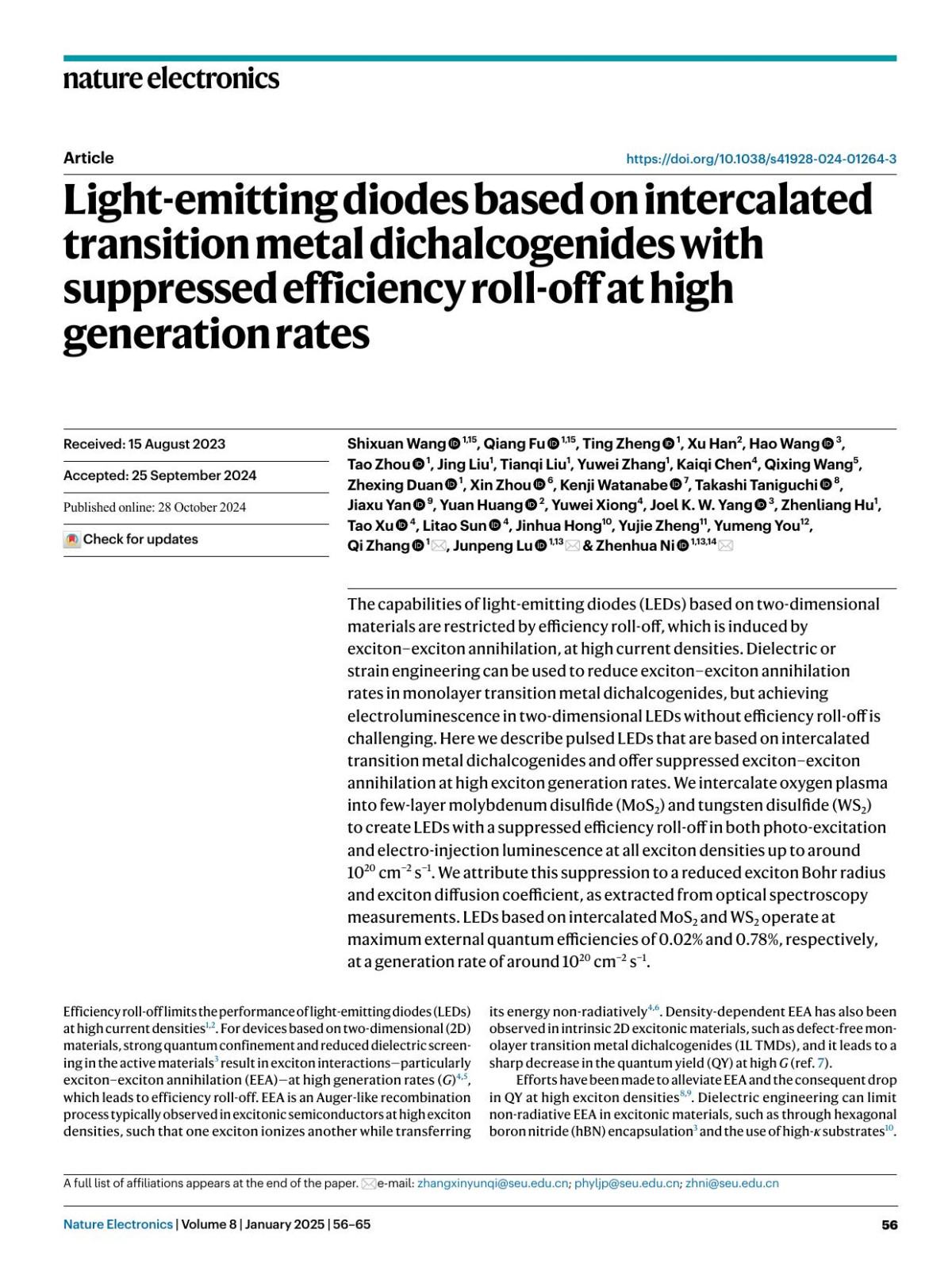 Lightemitting Diodes Based On Intercalated Transition Metal Dichalcogenides With Suppressed Efficiency Rolloff At High Generation Rates Shixuan Wang