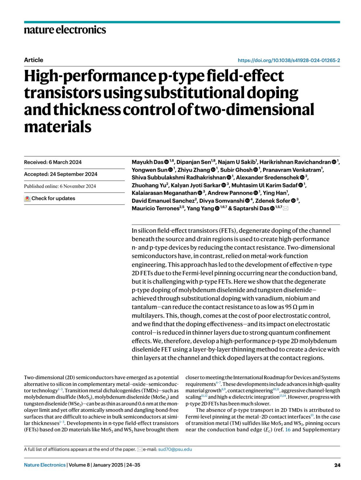 Highperformance Ptype Fieldeffect Transistors Using Substitutional Doping And Thickness Control Of Twodimensional Materials Mayukh Das