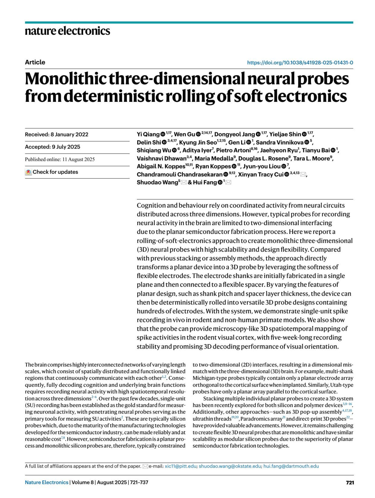Monolithic Threedimensional Neural Probes From Deterministic Rolling Of Soft Electronics Yi Qiang