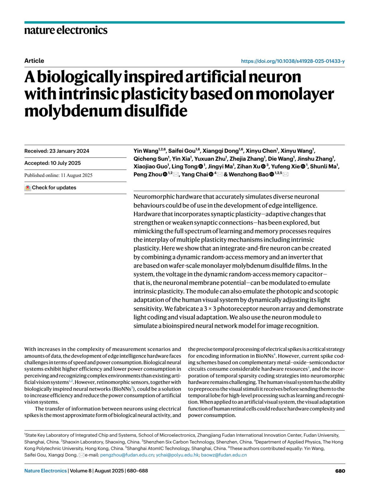 A Biologically Inspired Artificial Neuron With Intrinsic Plasticity Based On Monolayer Molybdenum Disulfide Yin Wang