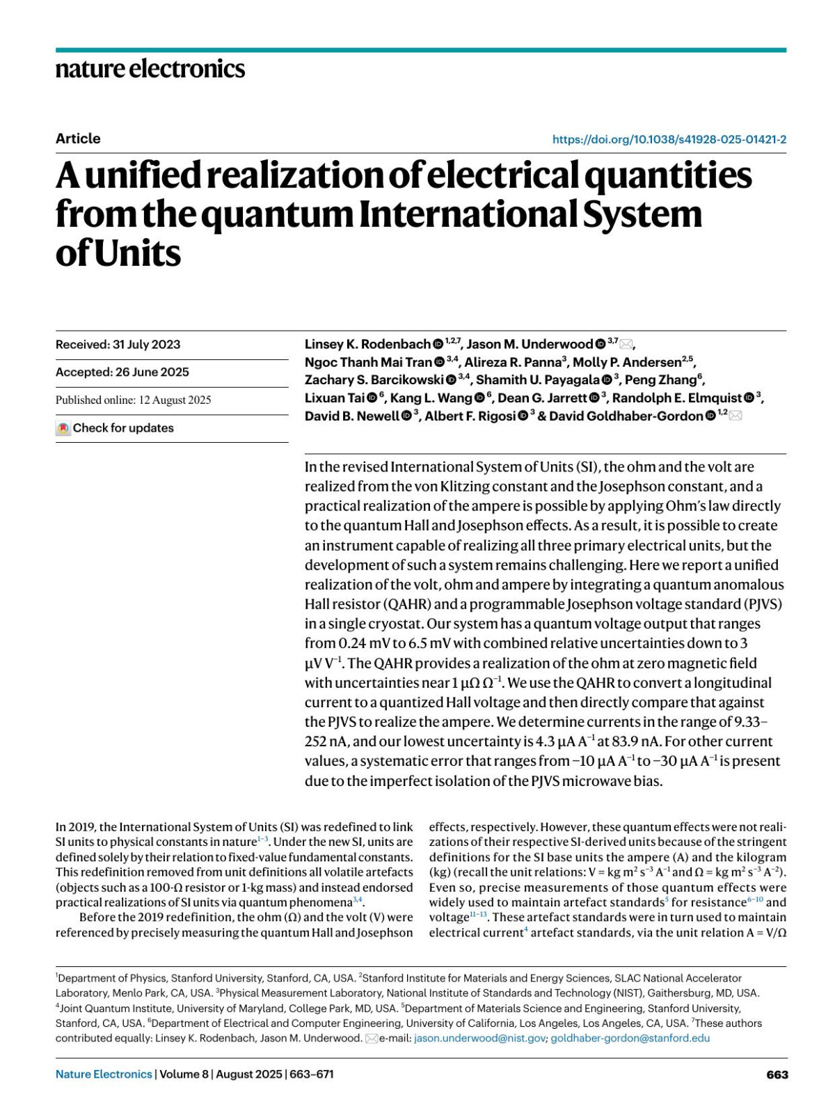 A Unified Realization Of Electrical Quantities From The Quantum International System Of Units Linsey K Rodenbach