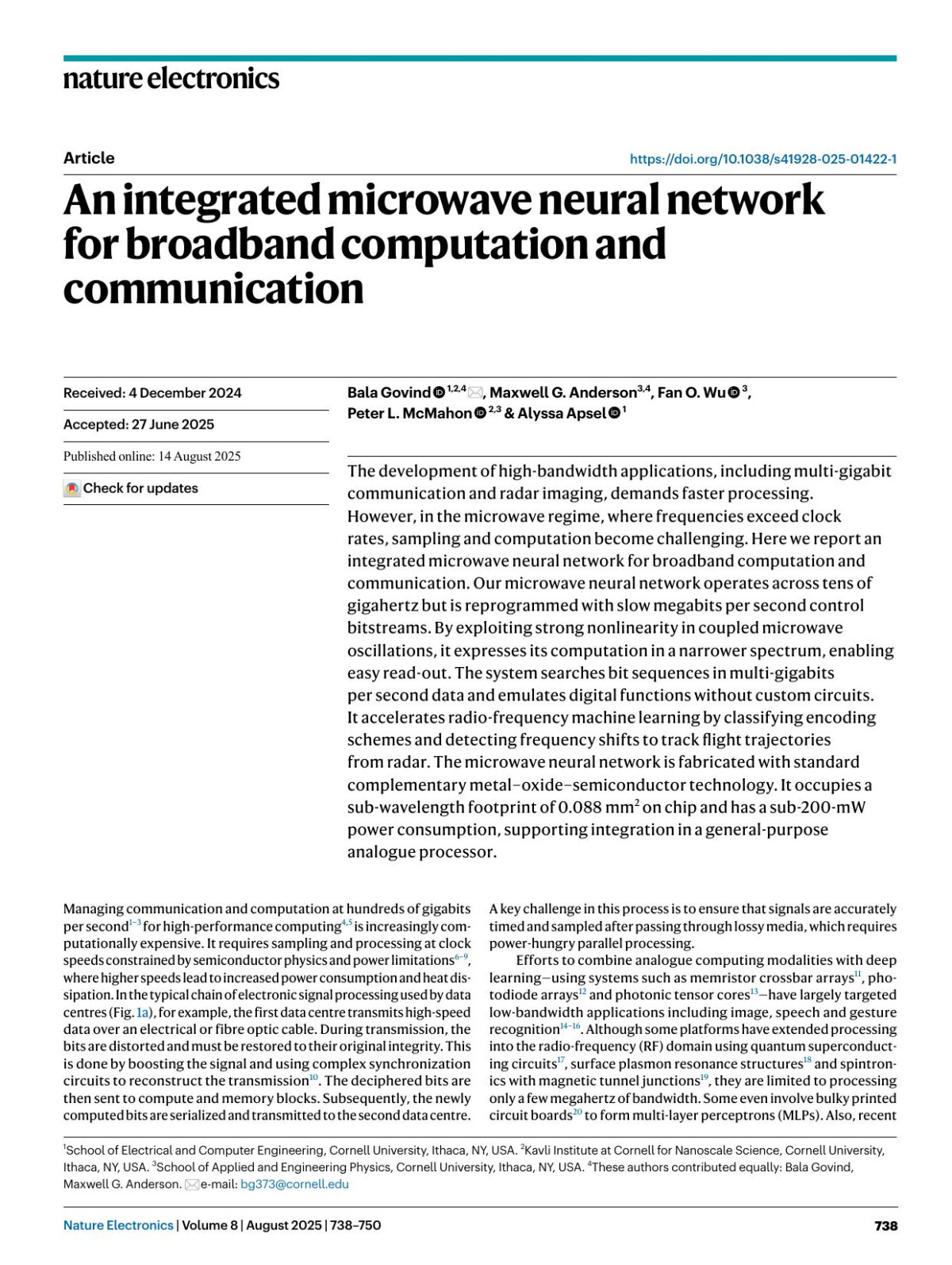 An Integrated Microwave Neural Network For Broadband Computation And Communication Bala Govind