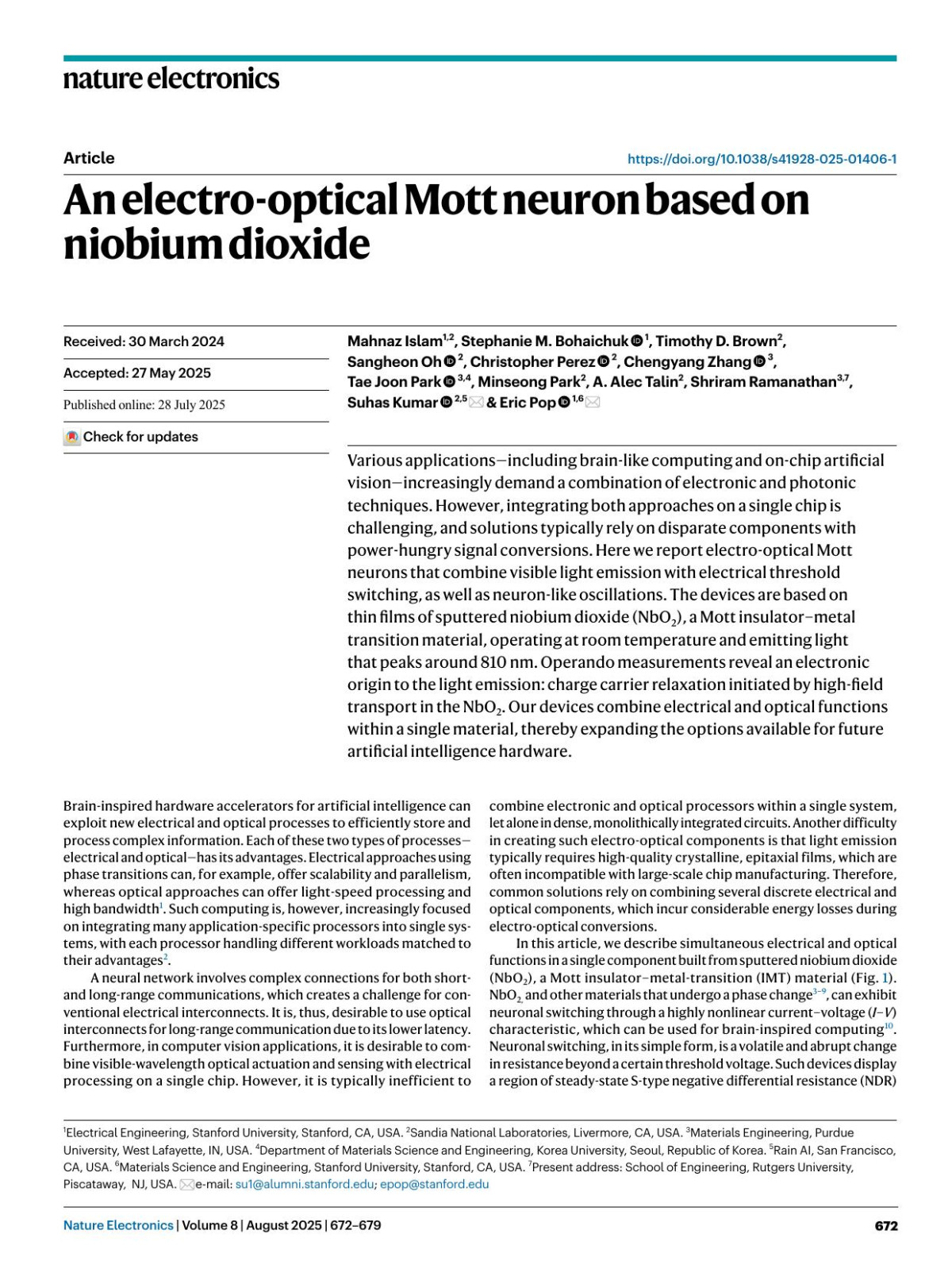 An Electrooptical Mott Neuron Based On Niobium Dioxide Mahnaz Islam